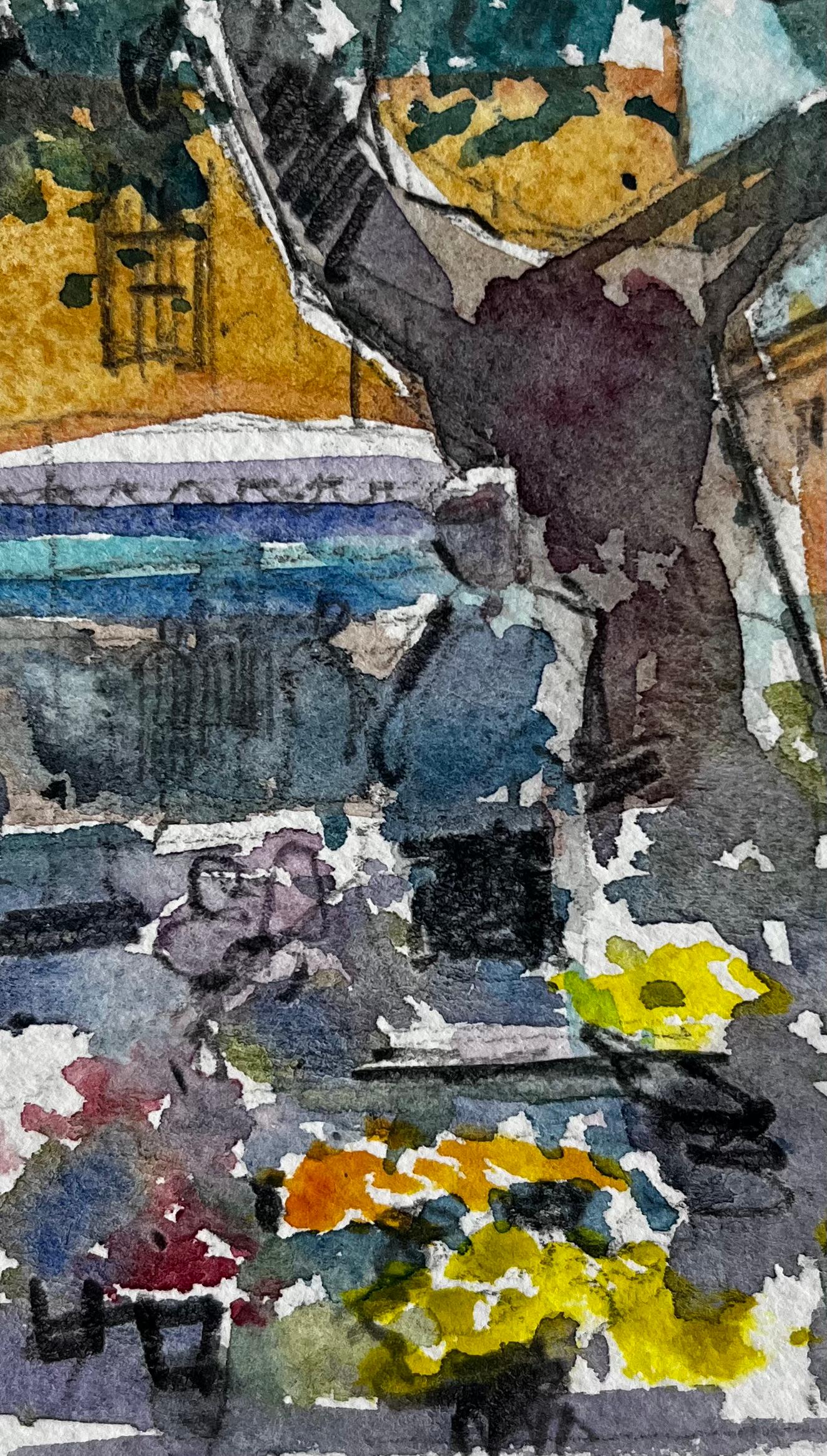 Village de Provence Scène de marché aux fleurs Aquarelle française post-impressionniste en vente 2