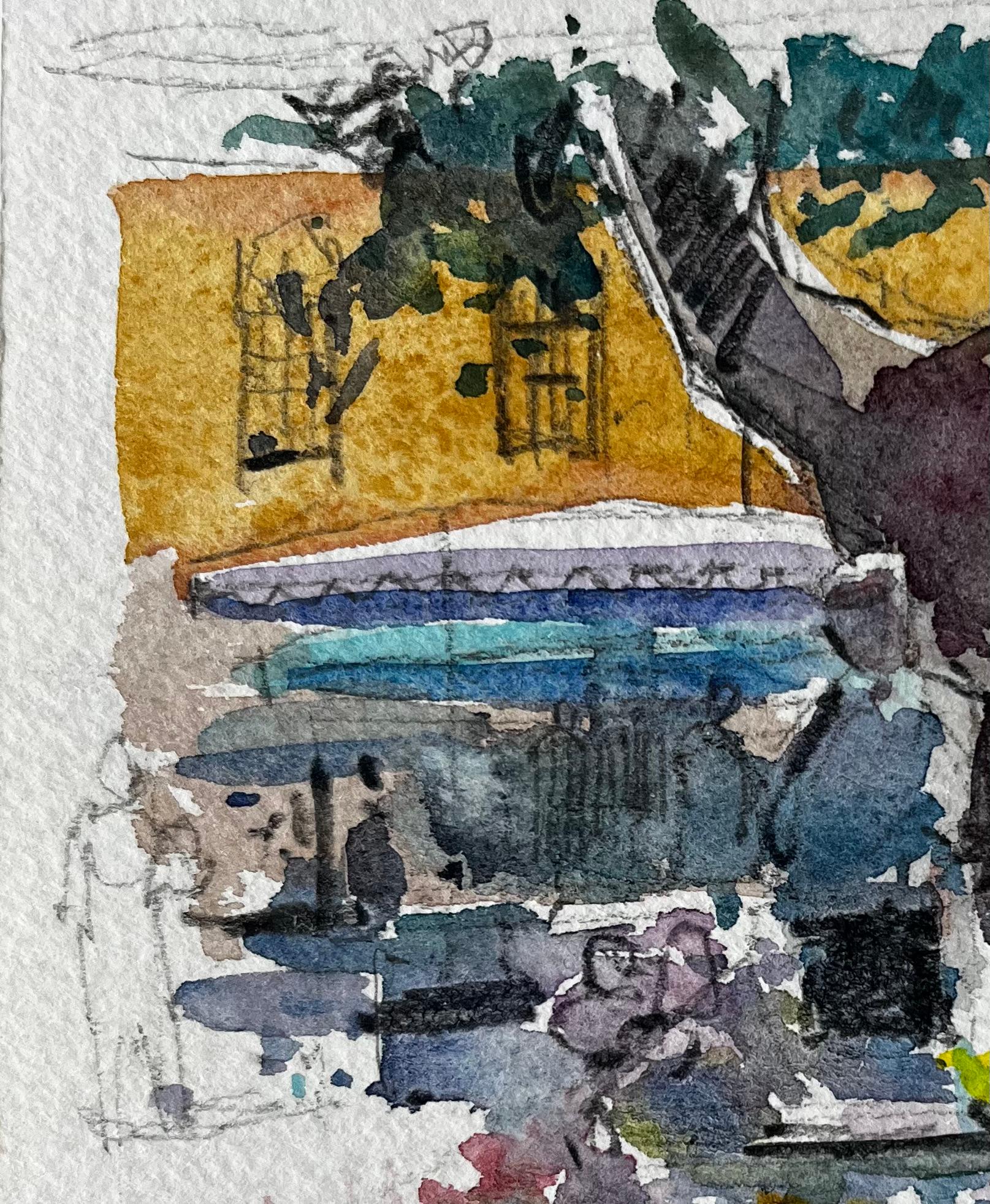 Village de Provence Scène de marché aux fleurs Aquarelle française post-impressionniste - Gris Landscape Art par Pierre Neveu