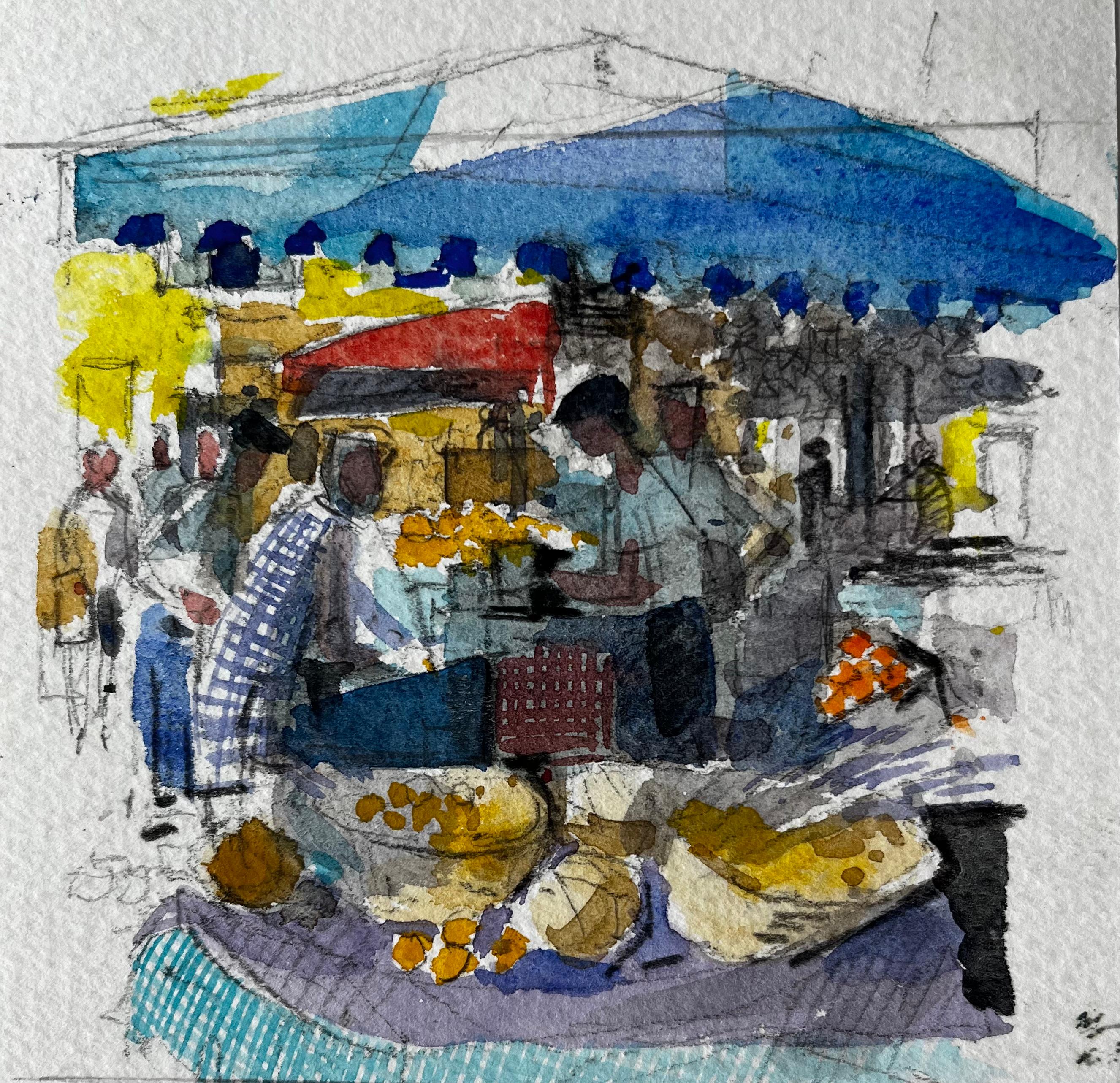 Provence Village Market Stall Scene Watercolour French Post Impressionist