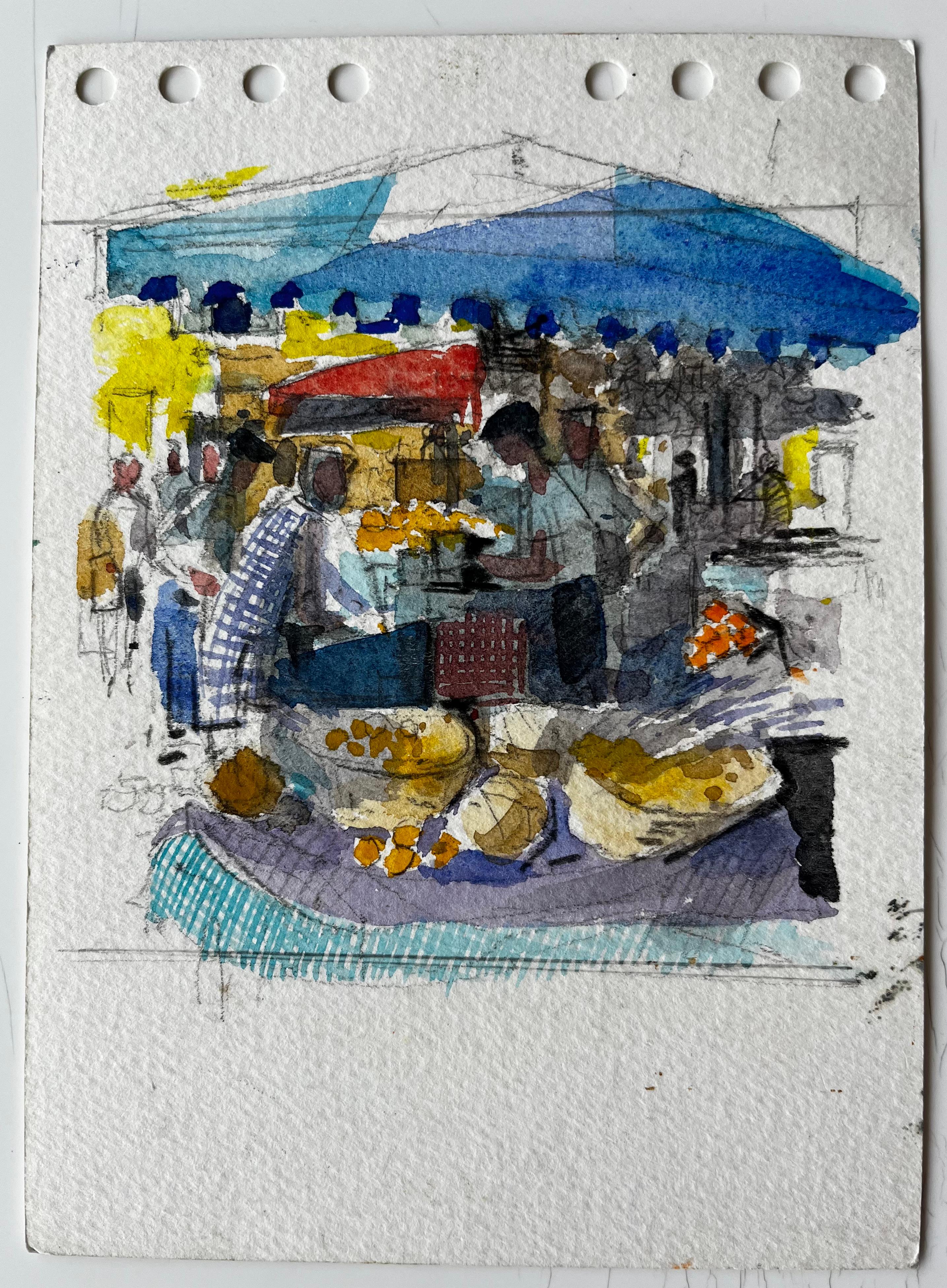Village de Provence Scène de marché Aquarelle française post-impressionniste - Art de Pierre Neveu