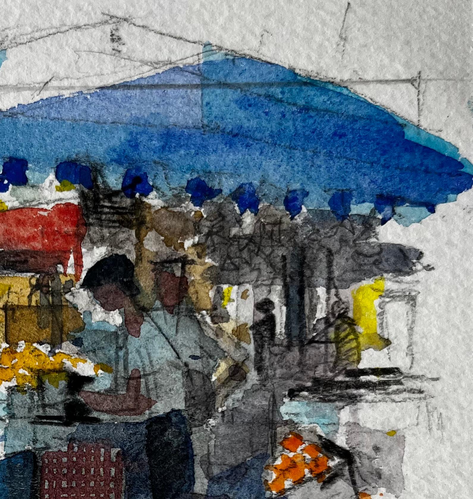 Village de Provence Scène de marché Aquarelle française post-impressionniste - Gris Landscape Art par Pierre Neveu