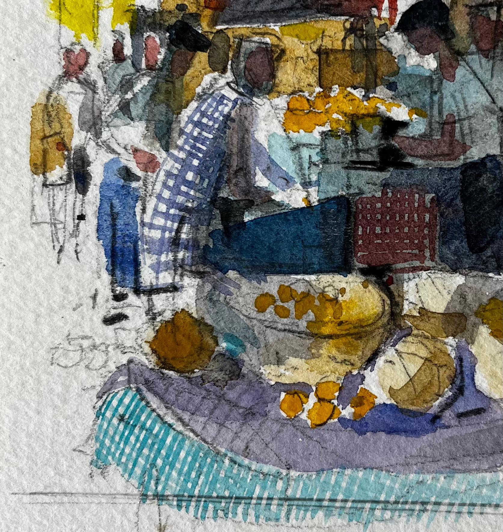 Village de Provence Scène de marché Aquarelle française post-impressionniste en vente 1