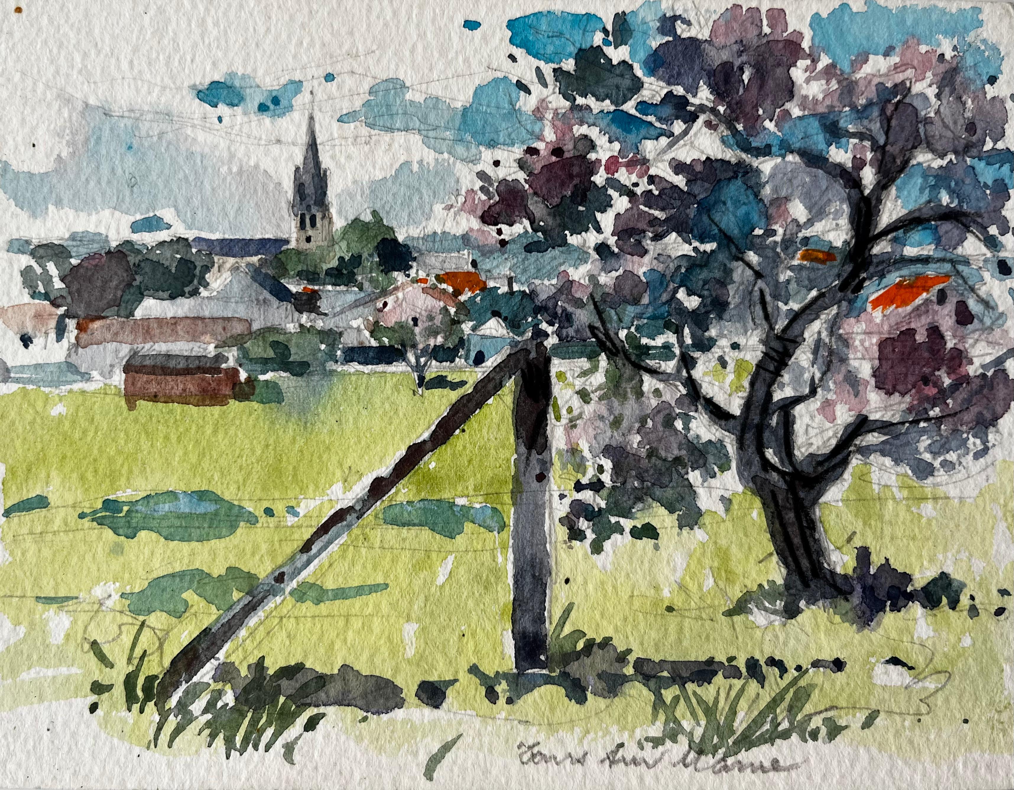 French Countryside Church and Blossom Tree Landscape Post Impressionist
