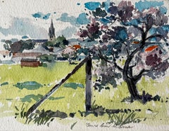 French Countryside Church and Blossom Tree Landscape Post Impressionist