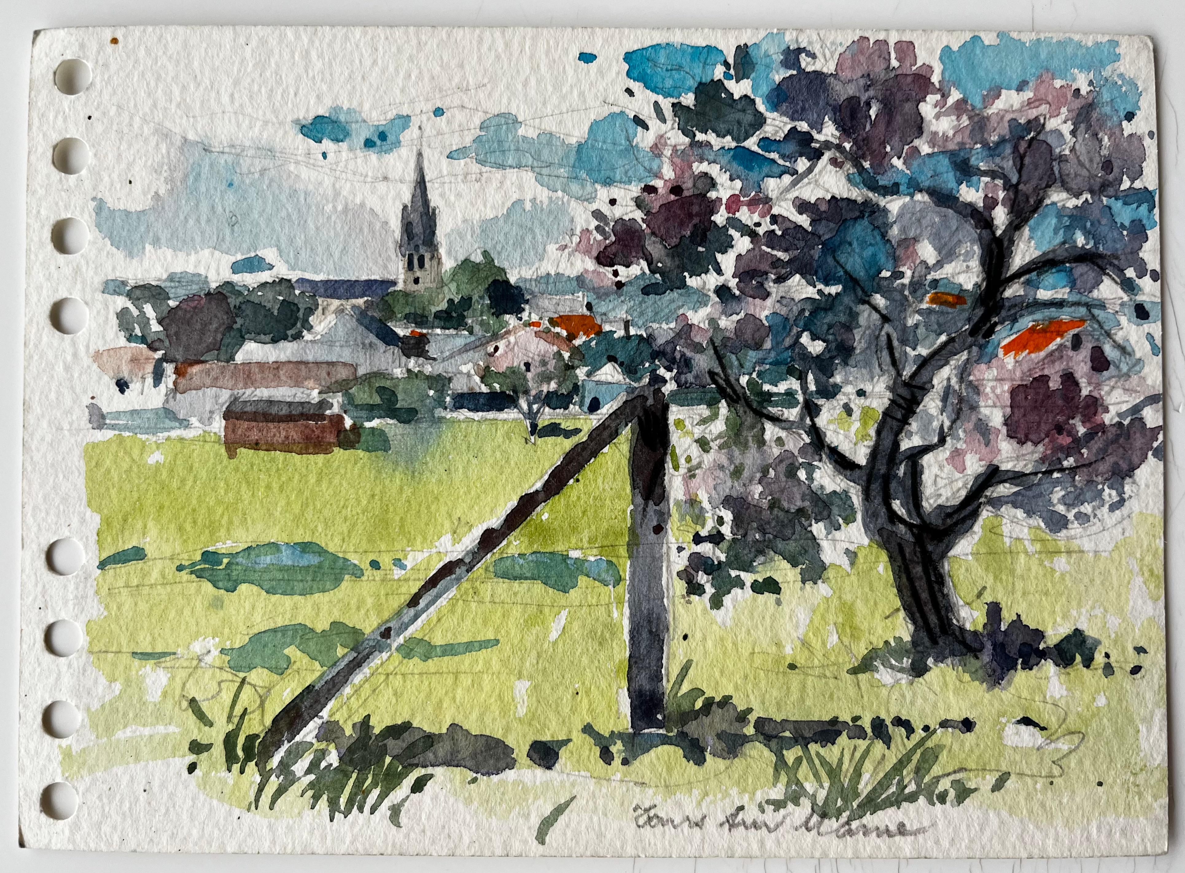 Paysage post-impressionniste d'une église et d'un arbre en fleurs dans la campagne française - Art de Pierre Neveu