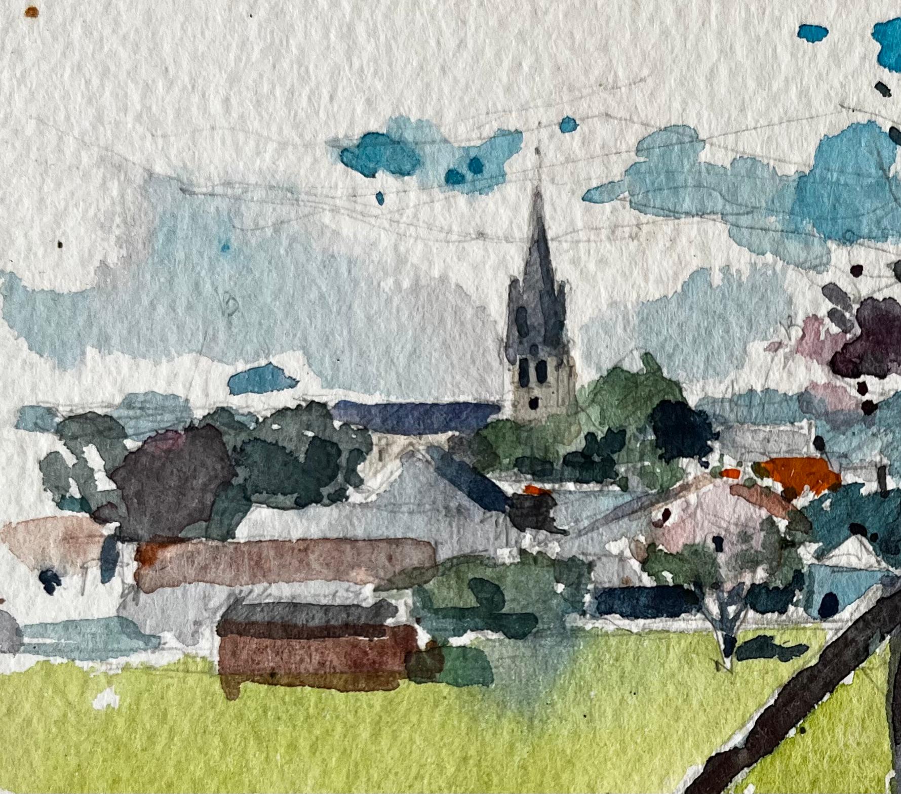 Paysage post-impressionniste d'une église et d'un arbre en fleurs dans la campagne française - Post-impressionnisme Art par Pierre Neveu