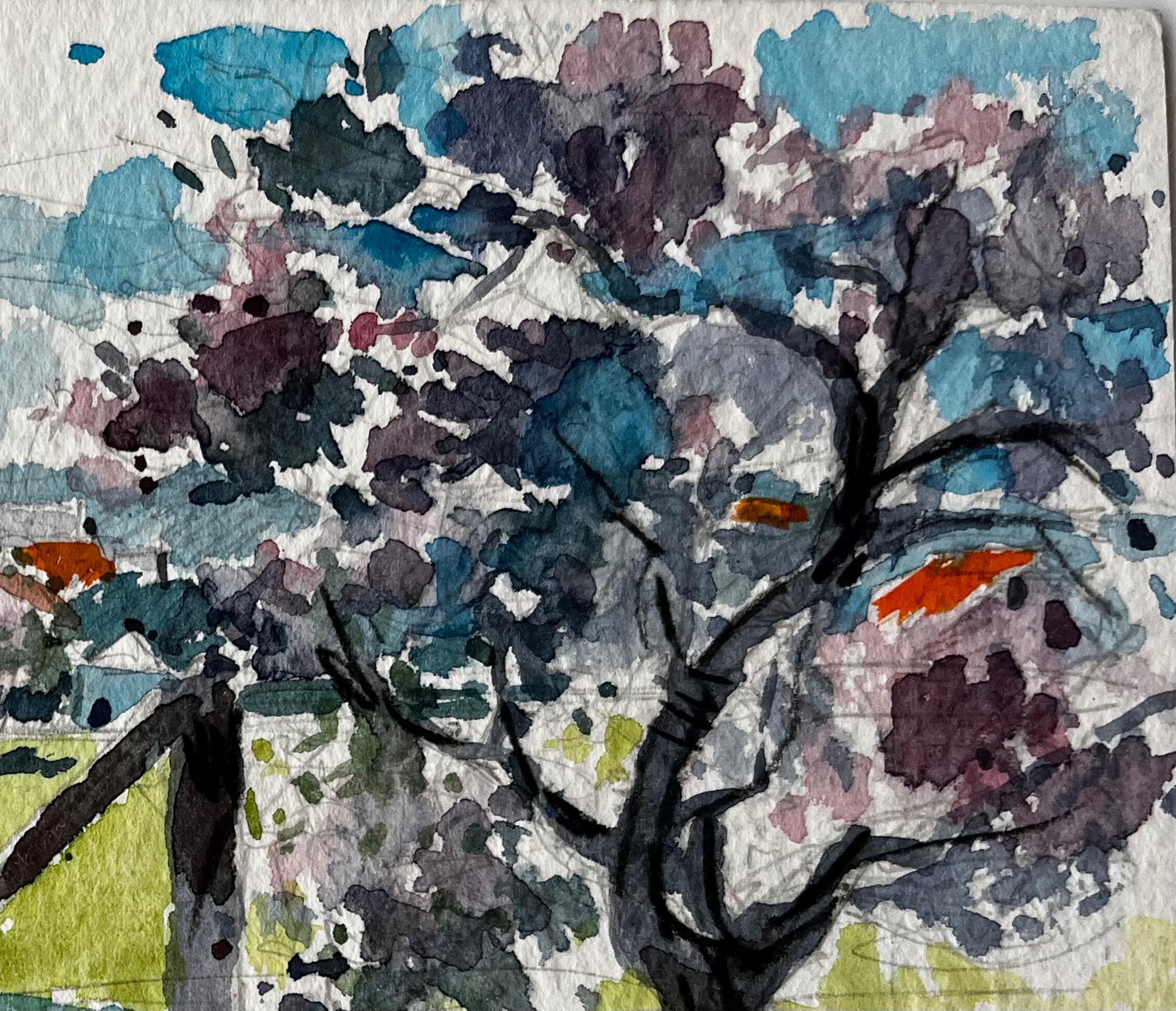 Paysage post-impressionniste d'une église et d'un arbre en fleurs dans la campagne française - Marron Landscape Art par Pierre Neveu