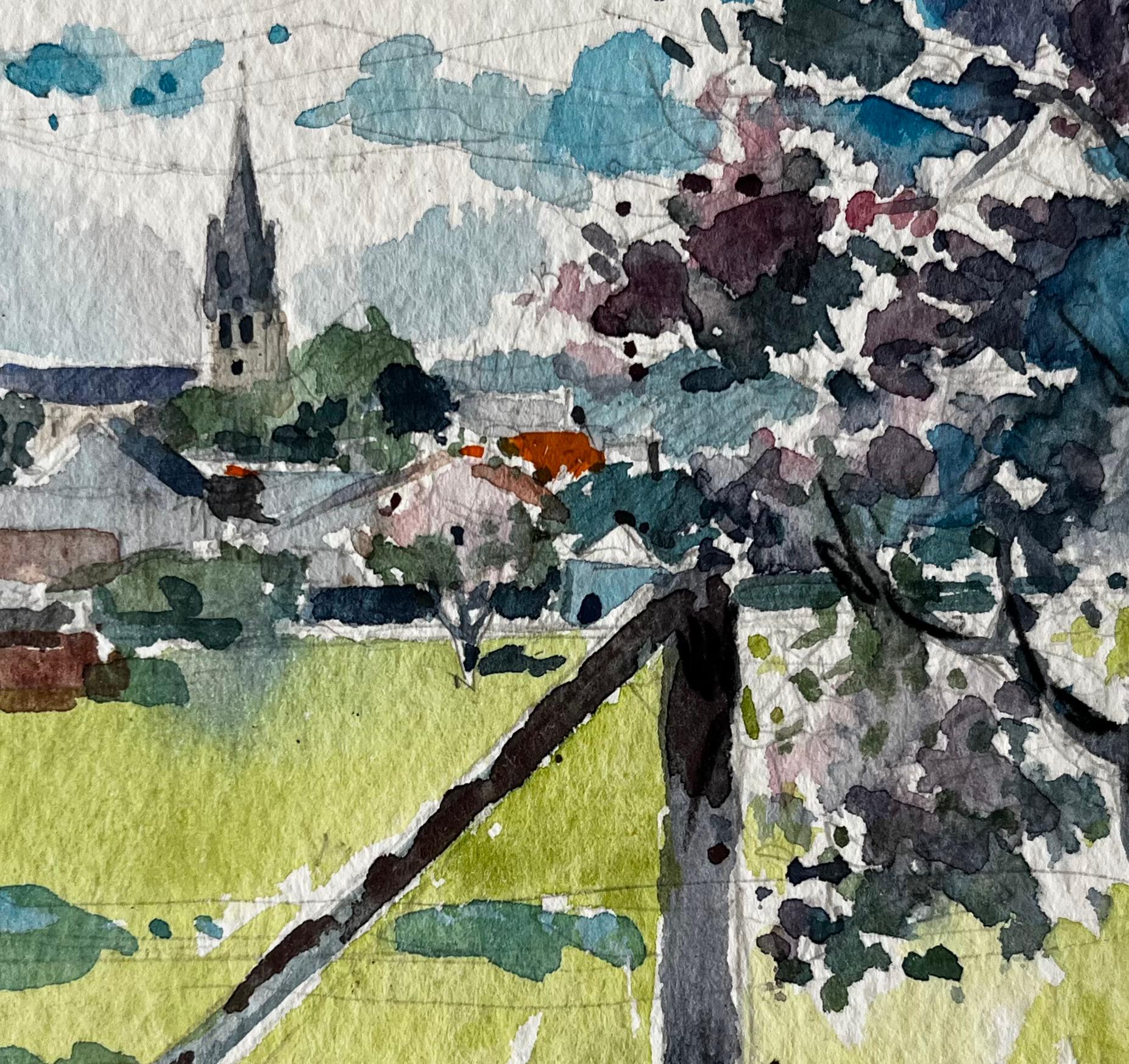 Paysage post-impressionniste d'une église et d'un arbre en fleurs dans la campagne française en vente 2