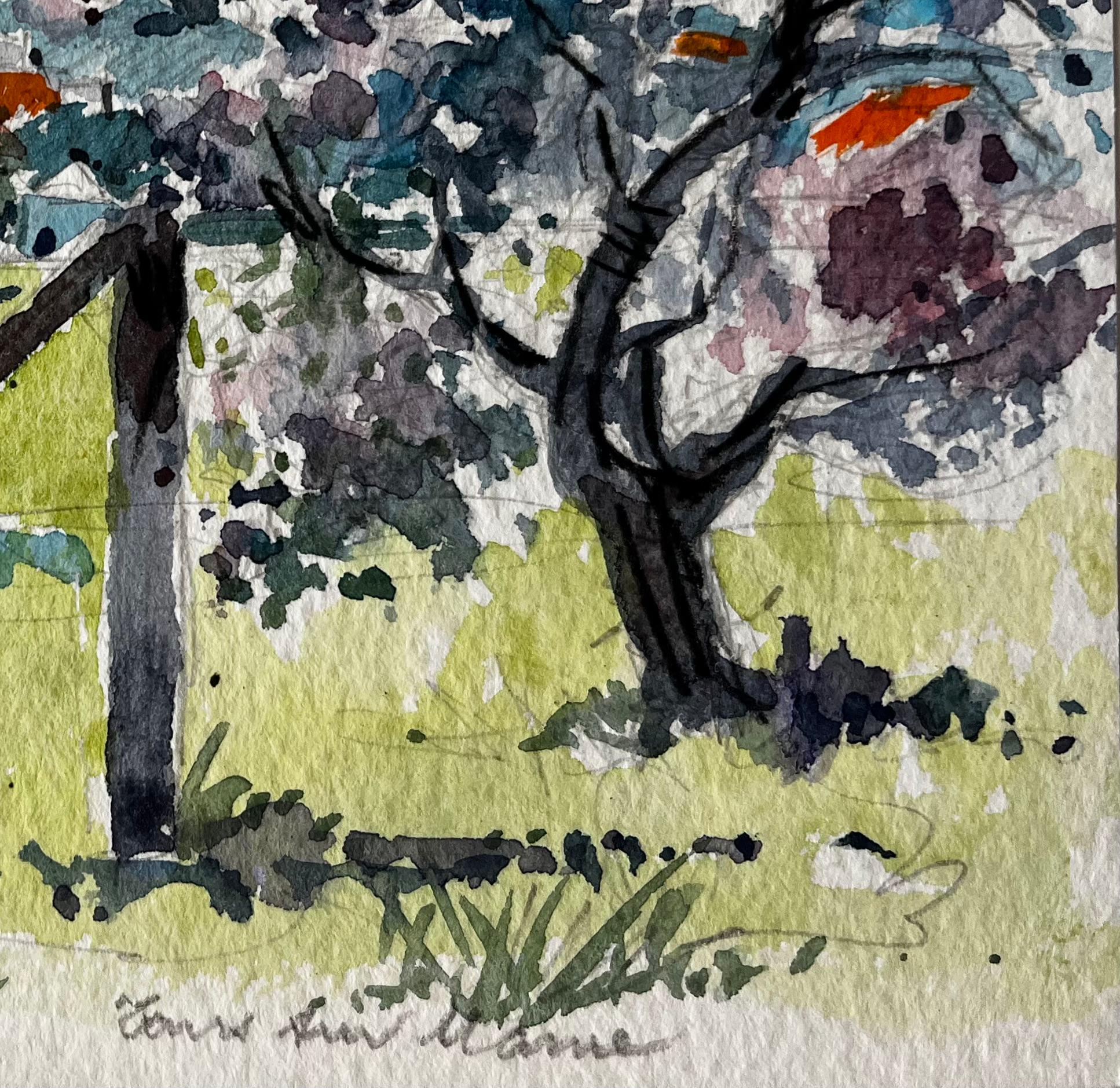 Titre : Paysage post-impressionniste d'une église et d'un arbre en fleurs dans la campagne française
Artistics : Pierre Neveu (français né en 1929)
Moyen d'expression : Aquarelle sur papier d'artiste, non encadrée
Taille (H x L) : 5.25 x 7