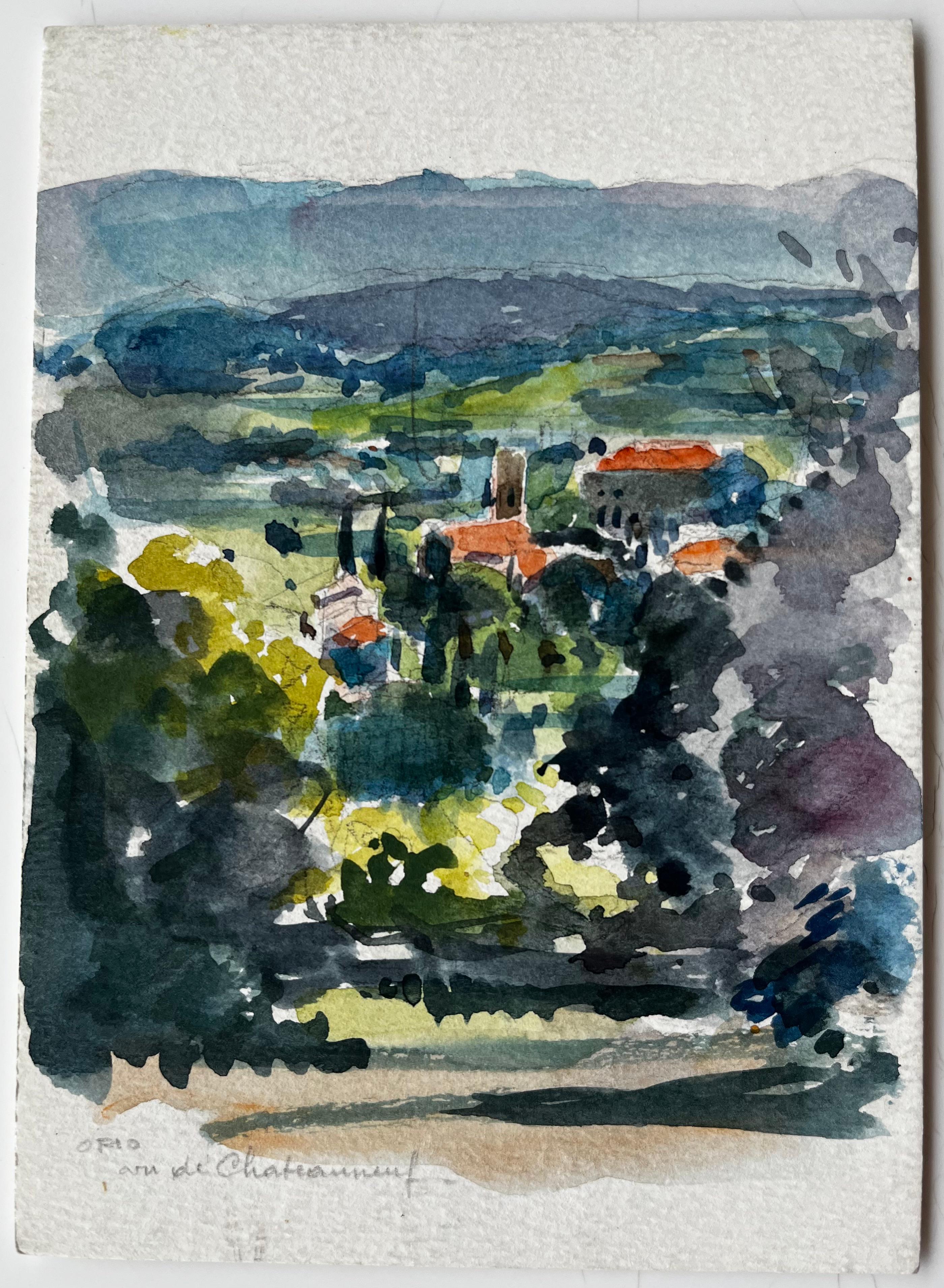 Vue de Châteauneuf Provence Village Paysage Français Post Impressionniste - Painting de Pierre Neveu