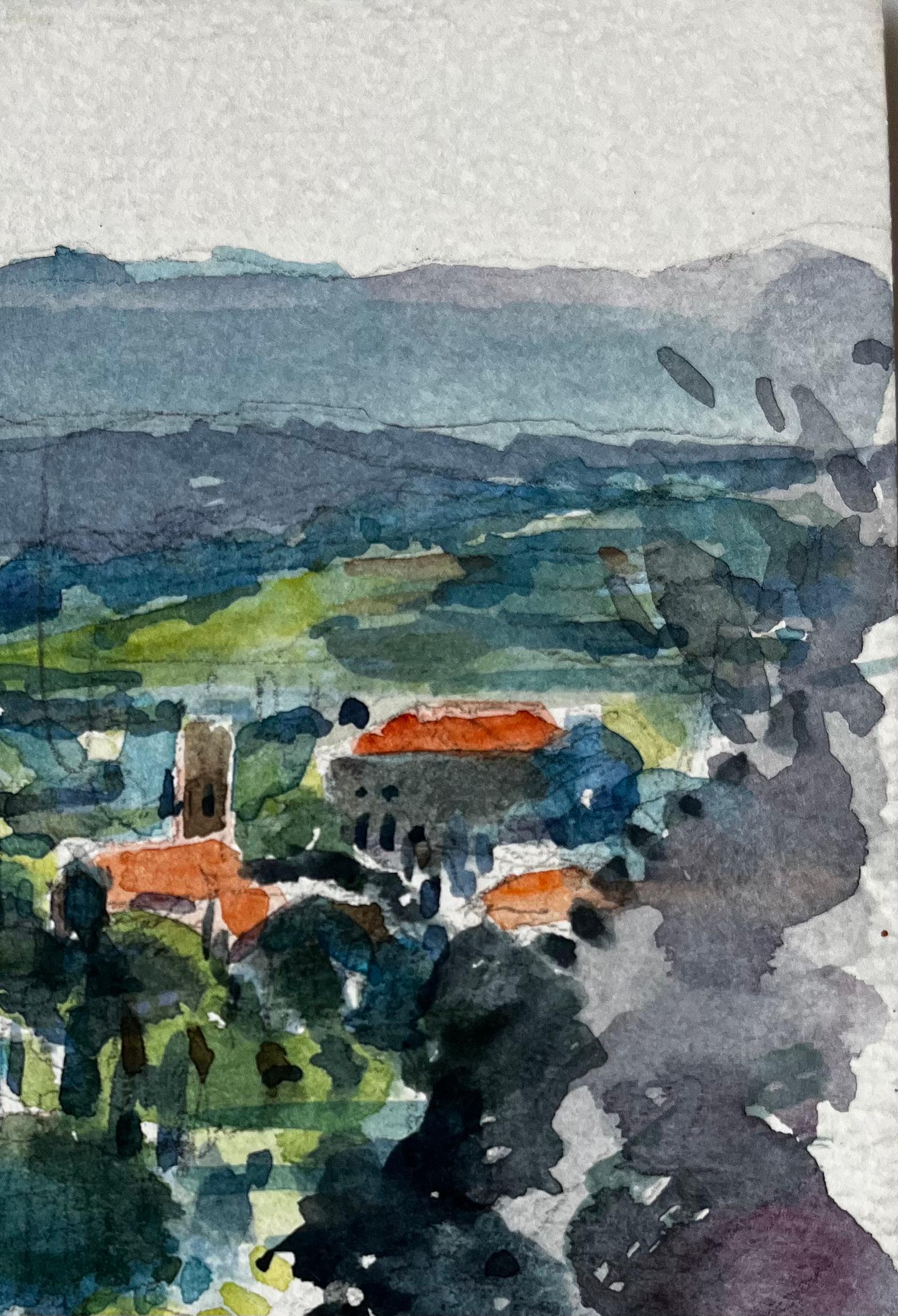 Vue de Châteauneuf Provence Village Paysage Français Post Impressionniste - Gris Figurative Painting par Pierre Neveu