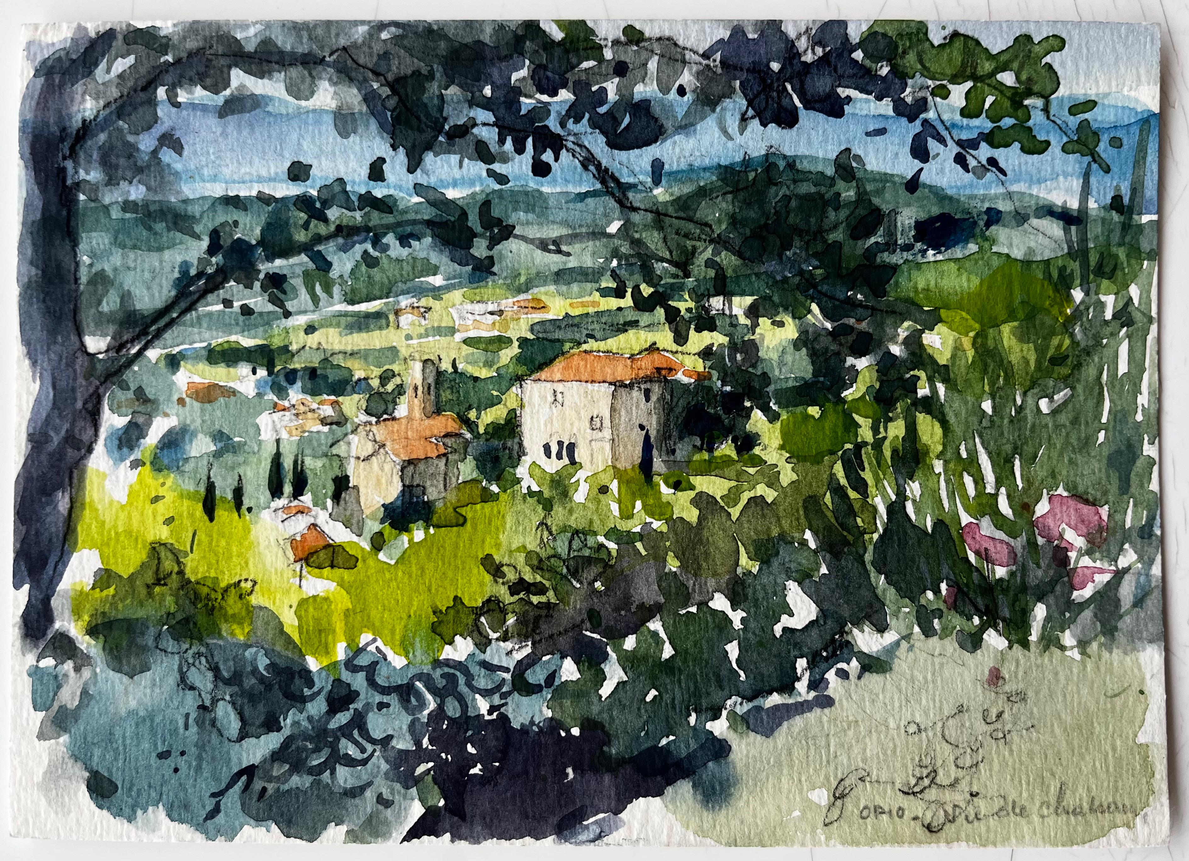 Vue de Châteauneuf Paysage Provence Aquarelle Française Post Impressionniste - Art de Pierre Neveu