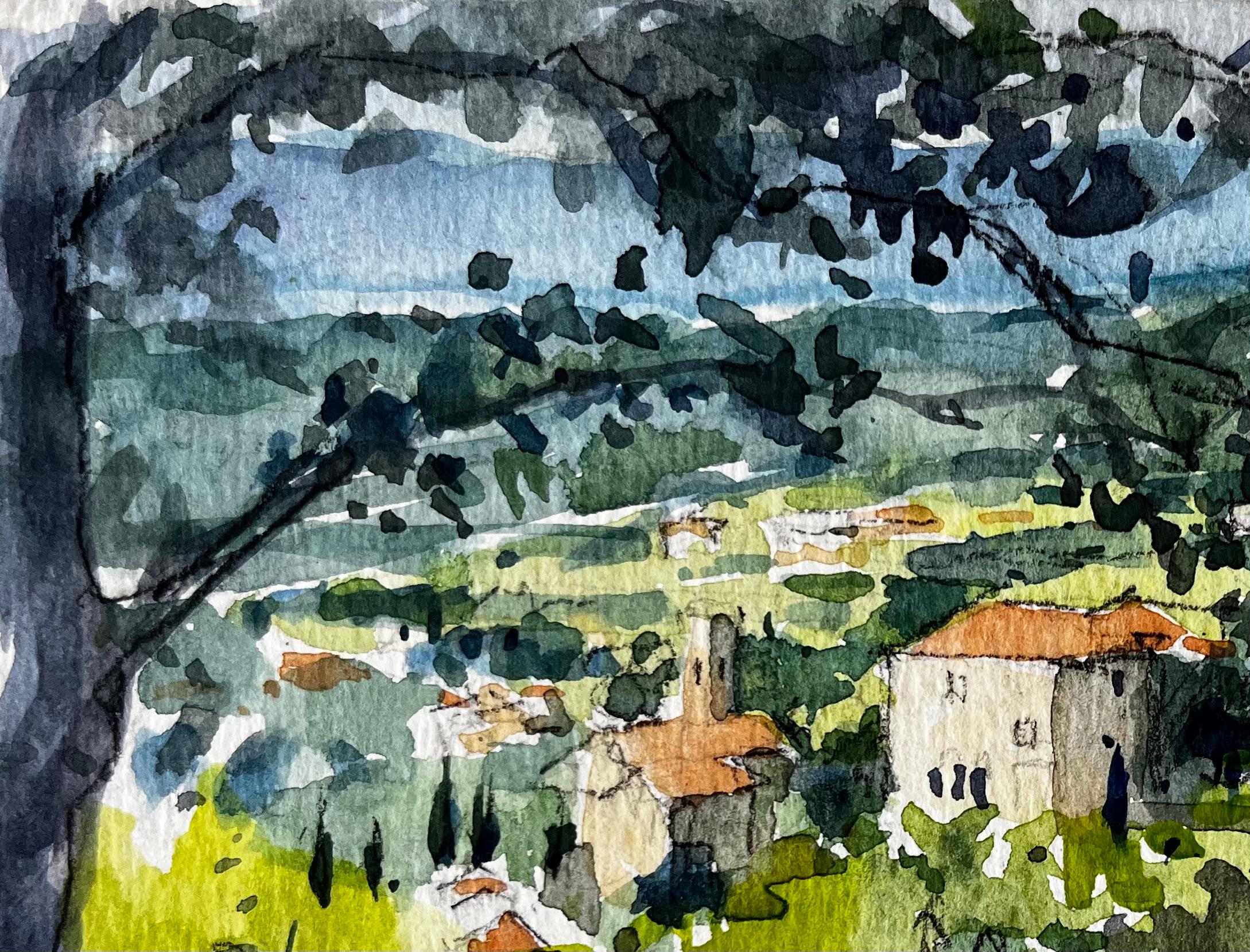 Vue de Châteauneuf Paysage Provence Aquarelle Française Post Impressionniste - Post-impressionnisme Art par Pierre Neveu