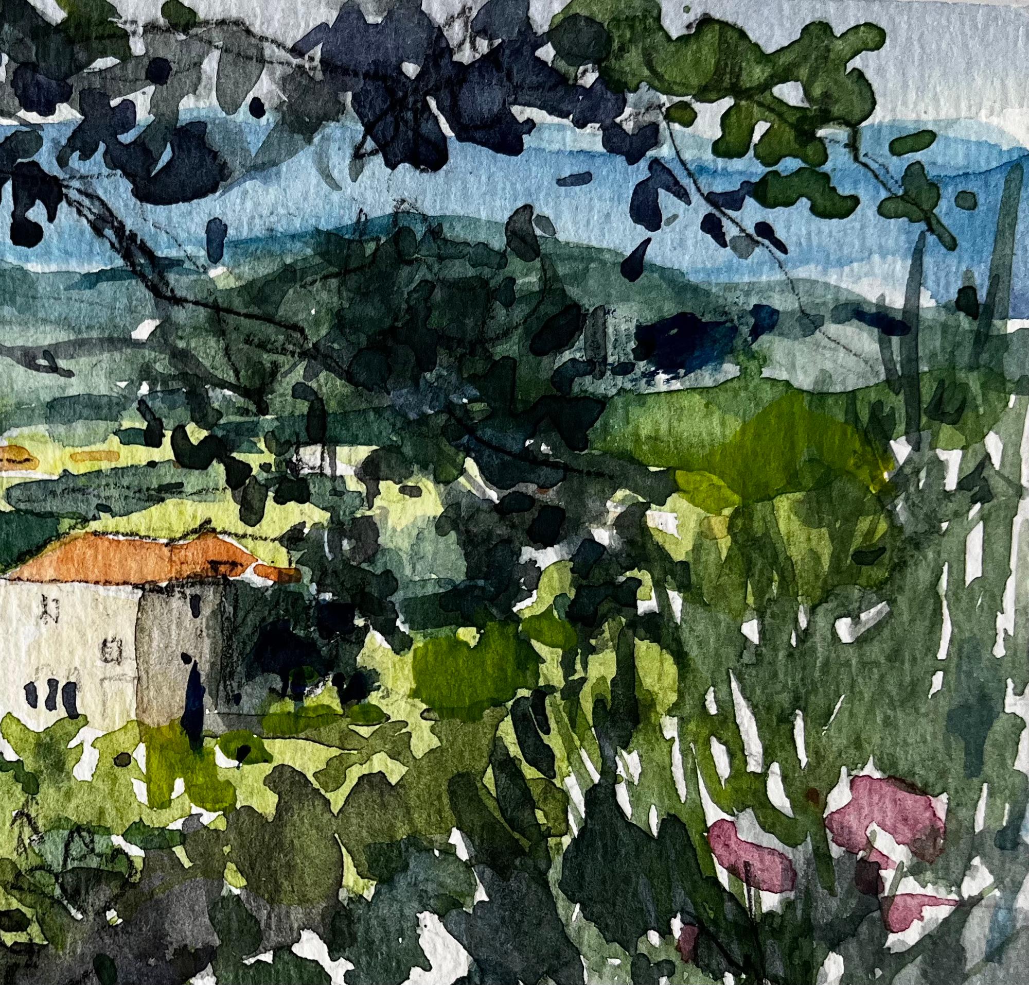 Vue de Châteauneuf Paysage Provence Aquarelle Française Post Impressionniste - Noir Landscape Art par Pierre Neveu