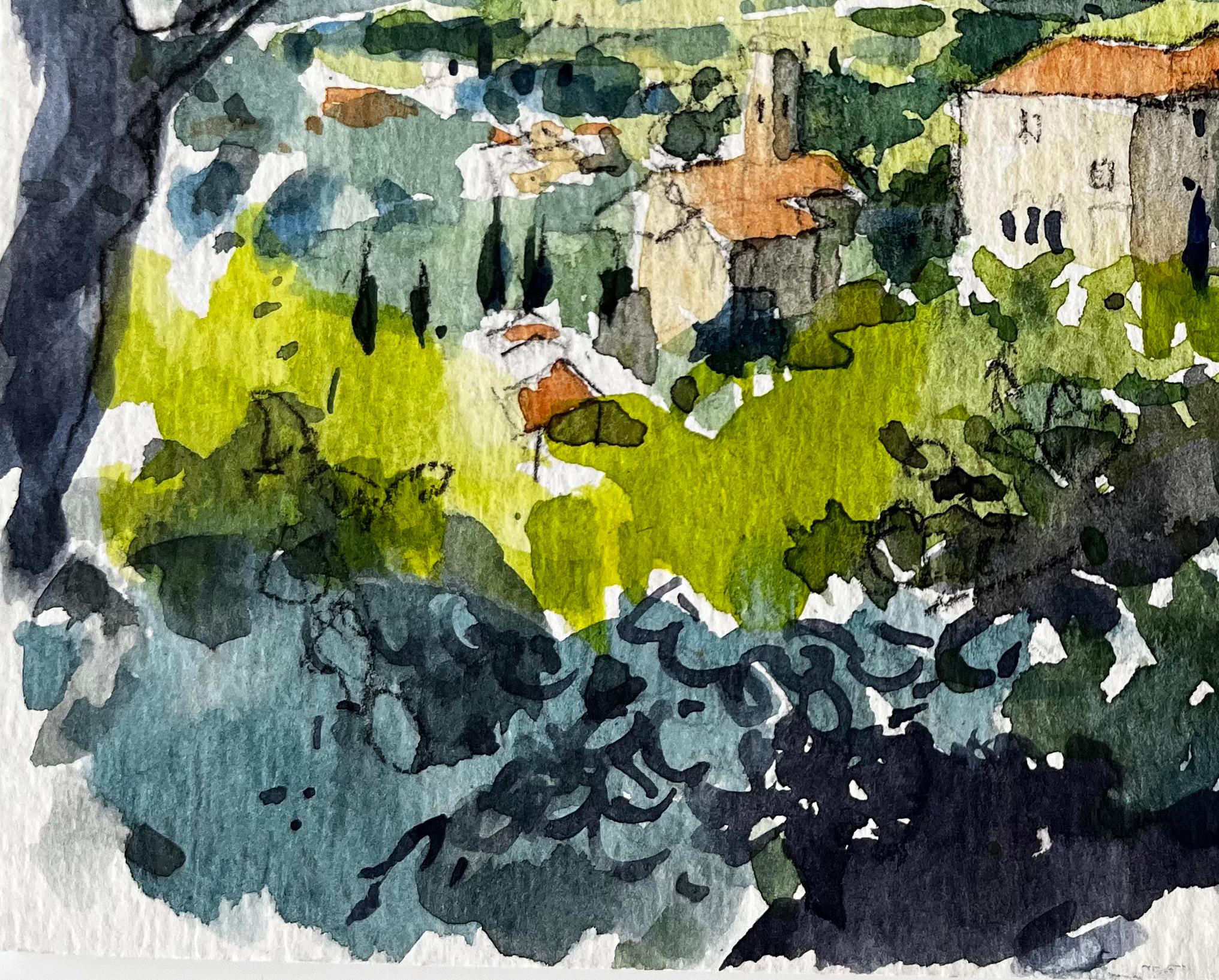 Vue de Châteauneuf Paysage Provence Aquarelle Française Post Impressionniste en vente 1
