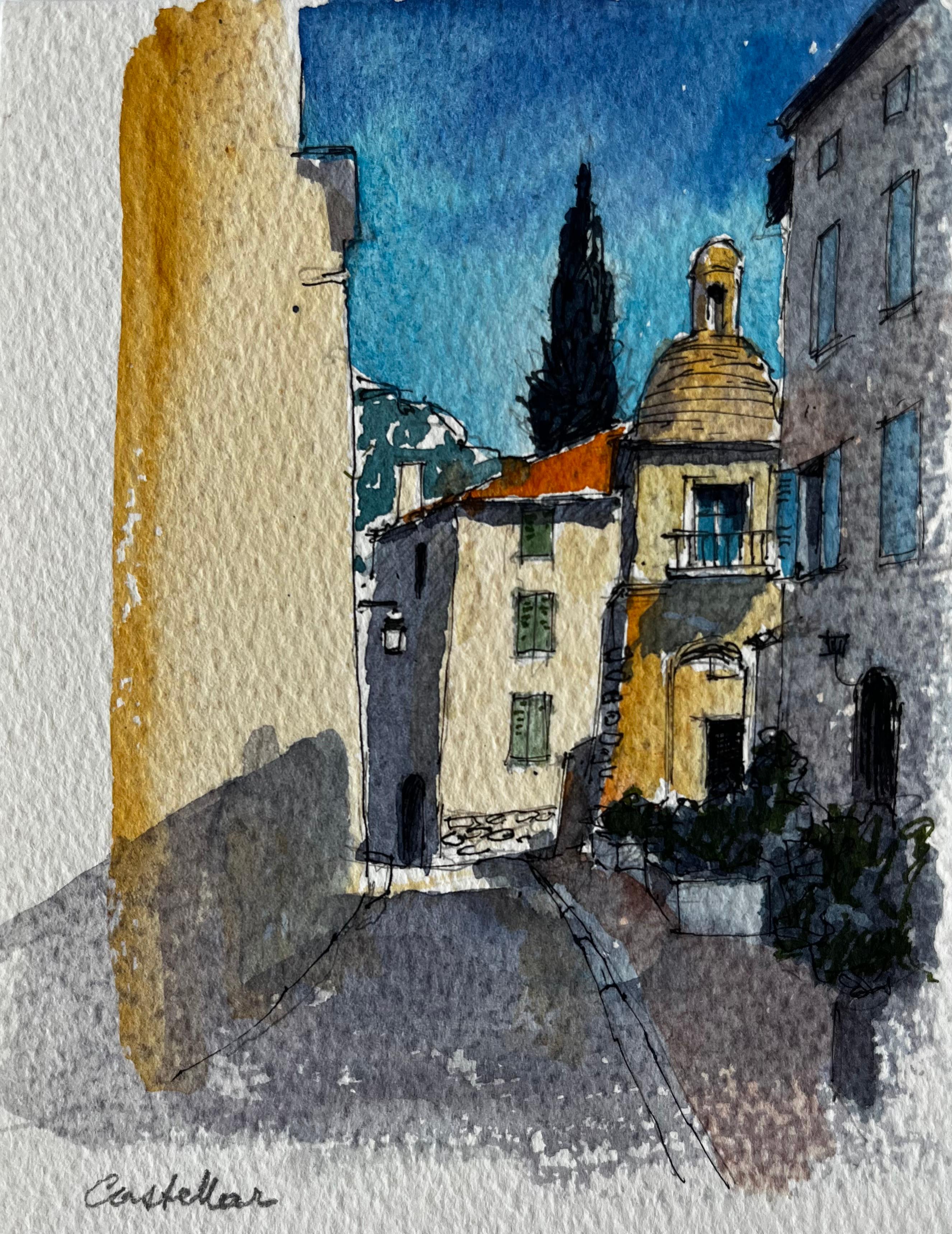 Castellar Village Scène de rue Provence Aquarelle française post-impressionniste