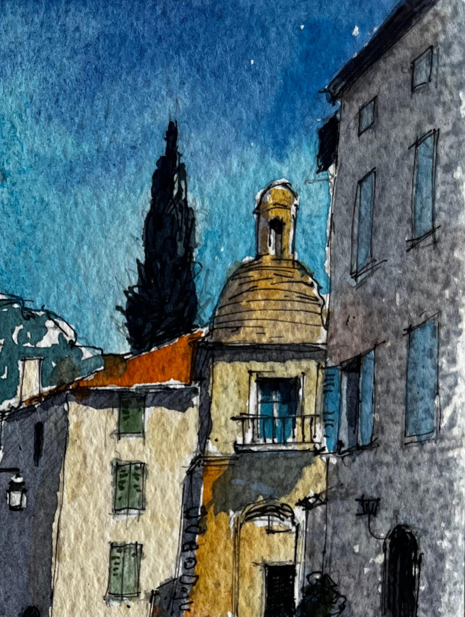 Castellar Village Scène de rue Provence Aquarelle française post-impressionniste - Post-impressionnisme Art par Pierre Neveu