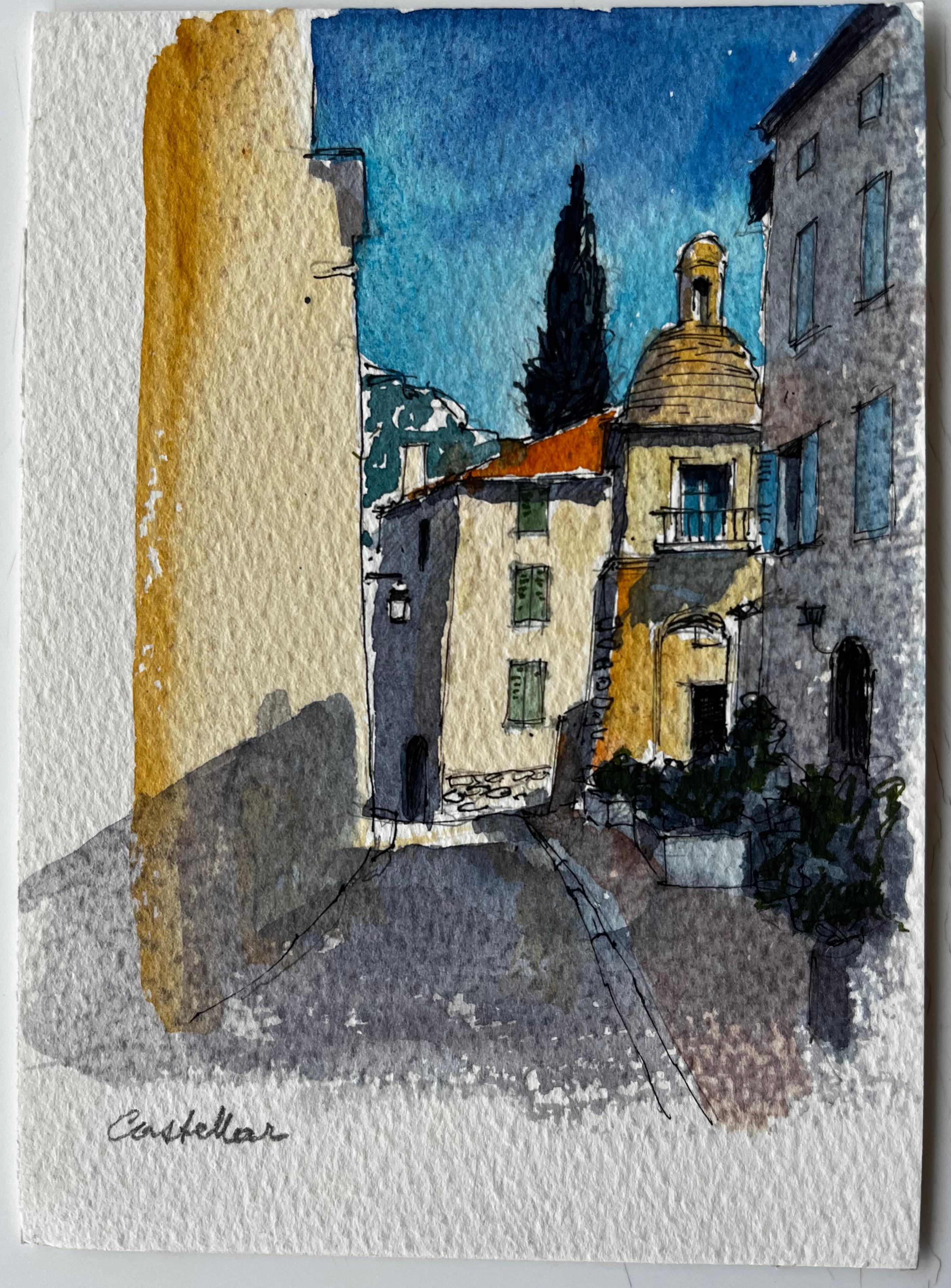 Castellar Village Scène de rue Provence Aquarelle française post-impressionniste - Art de Pierre Neveu