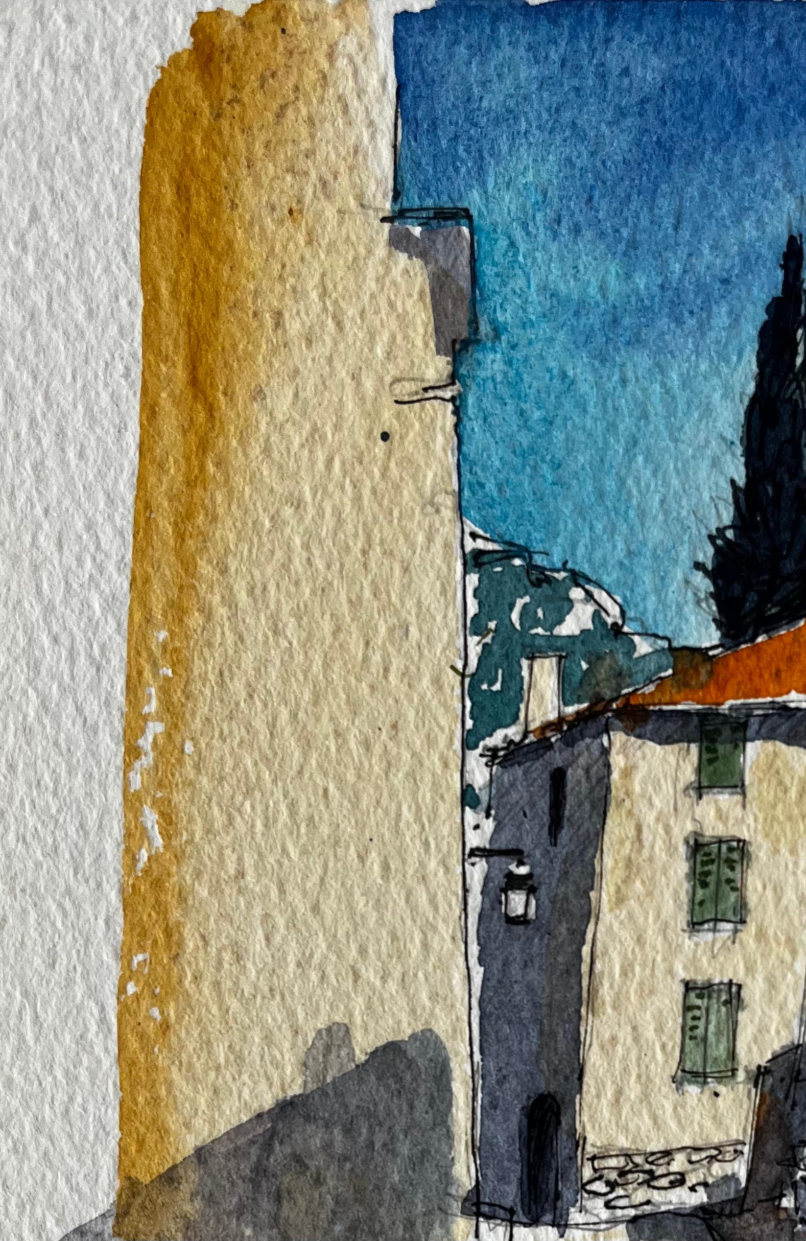 Castellar Village Scène de rue Provence Aquarelle française post-impressionniste - Gris Landscape Art par Pierre Neveu