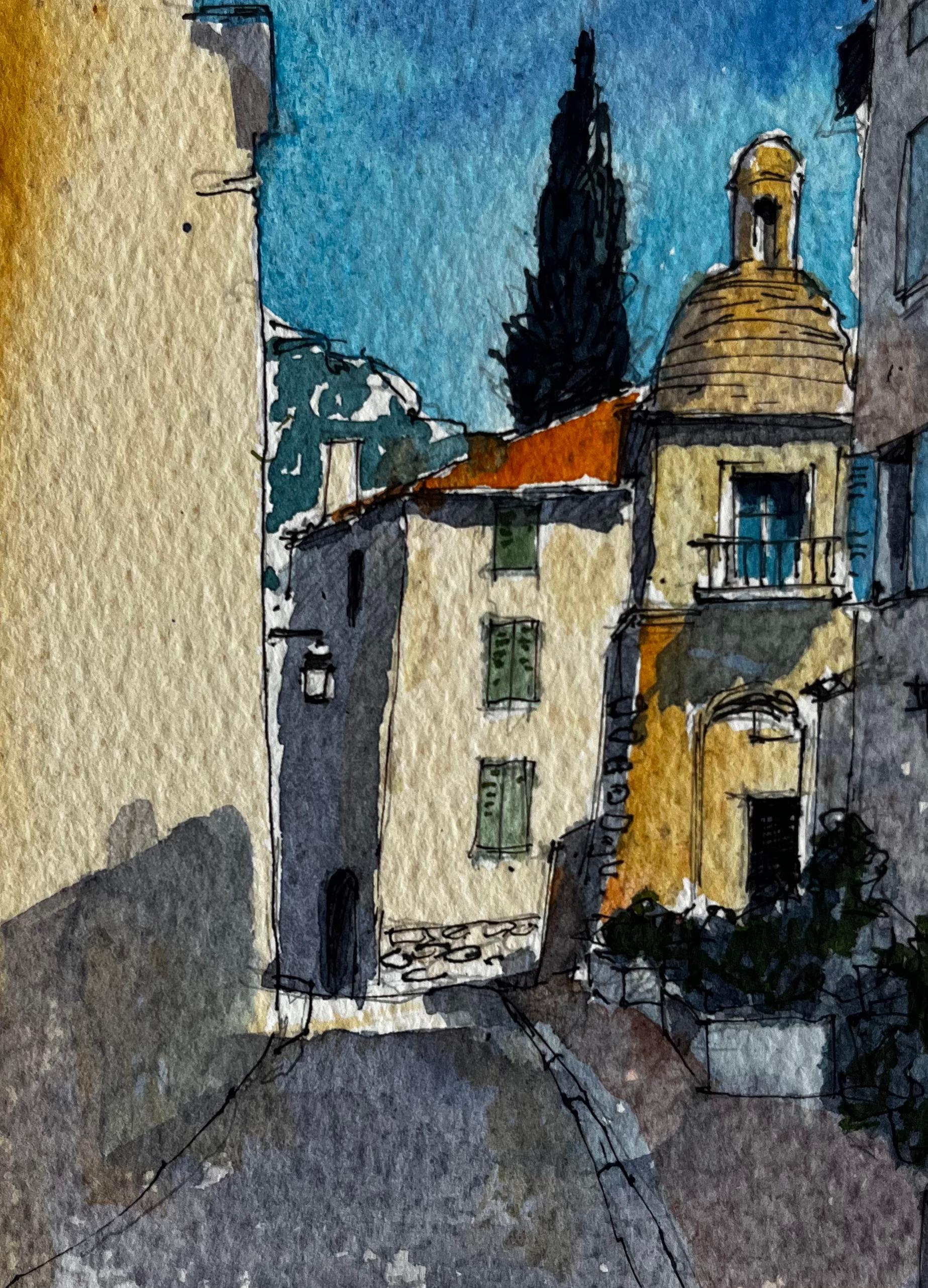 Castellar Village Scène de rue Provence Aquarelle française post-impressionniste en vente 2