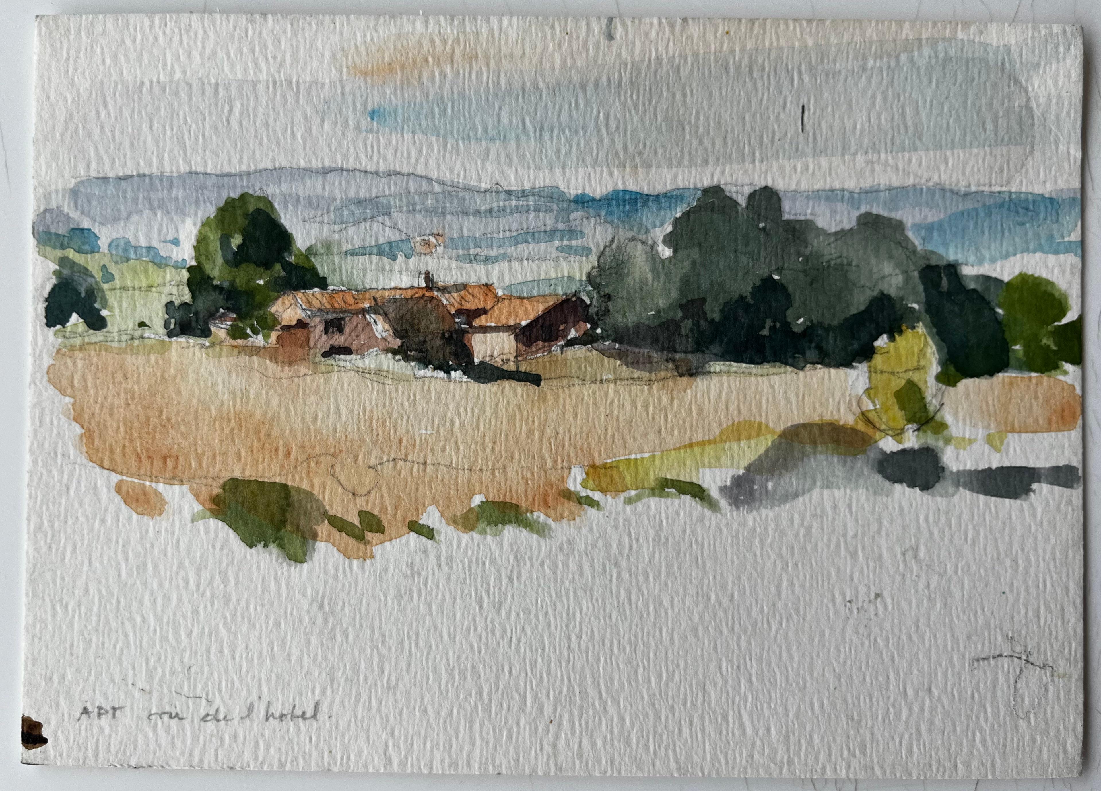 Apt Paysage de campagne provençale Aquarelle post-impressionniste française - Painting de Pierre Neveu