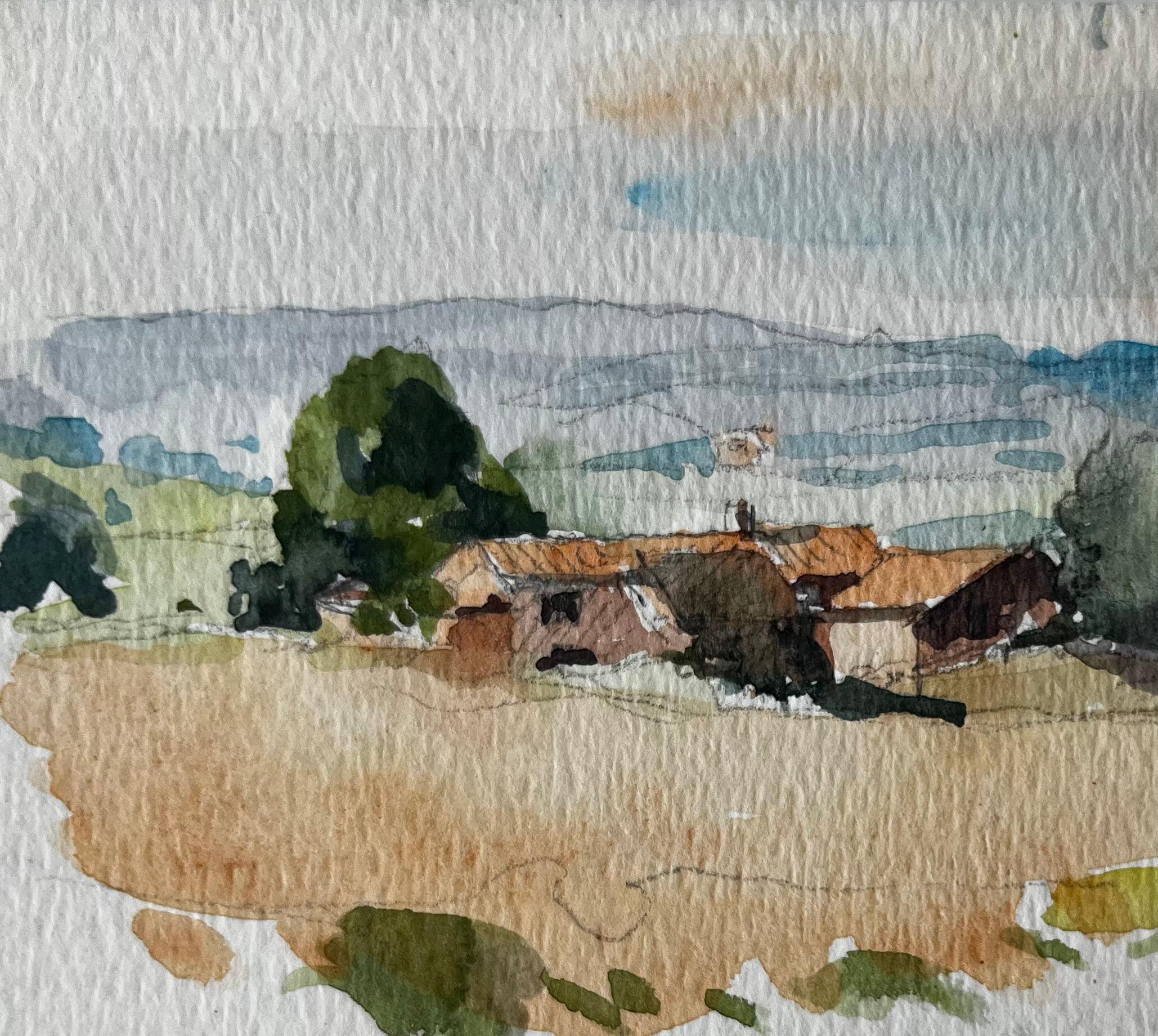 Apt Paysage de campagne provençale Aquarelle post-impressionniste française - Post-impressionnisme Painting par Pierre Neveu