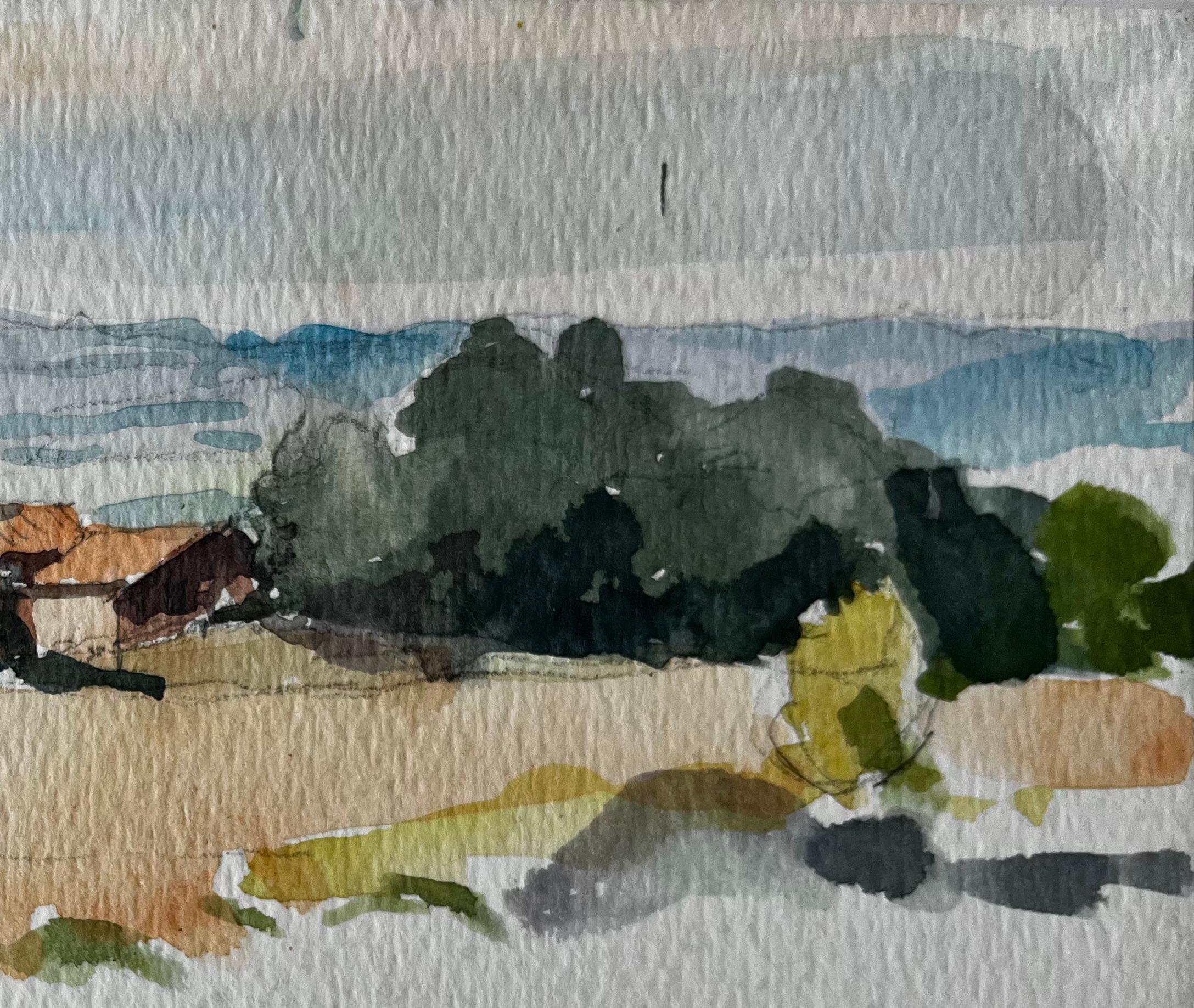 Apt Paysage de campagne provençale Aquarelle post-impressionniste française - Gris Figurative Painting par Pierre Neveu