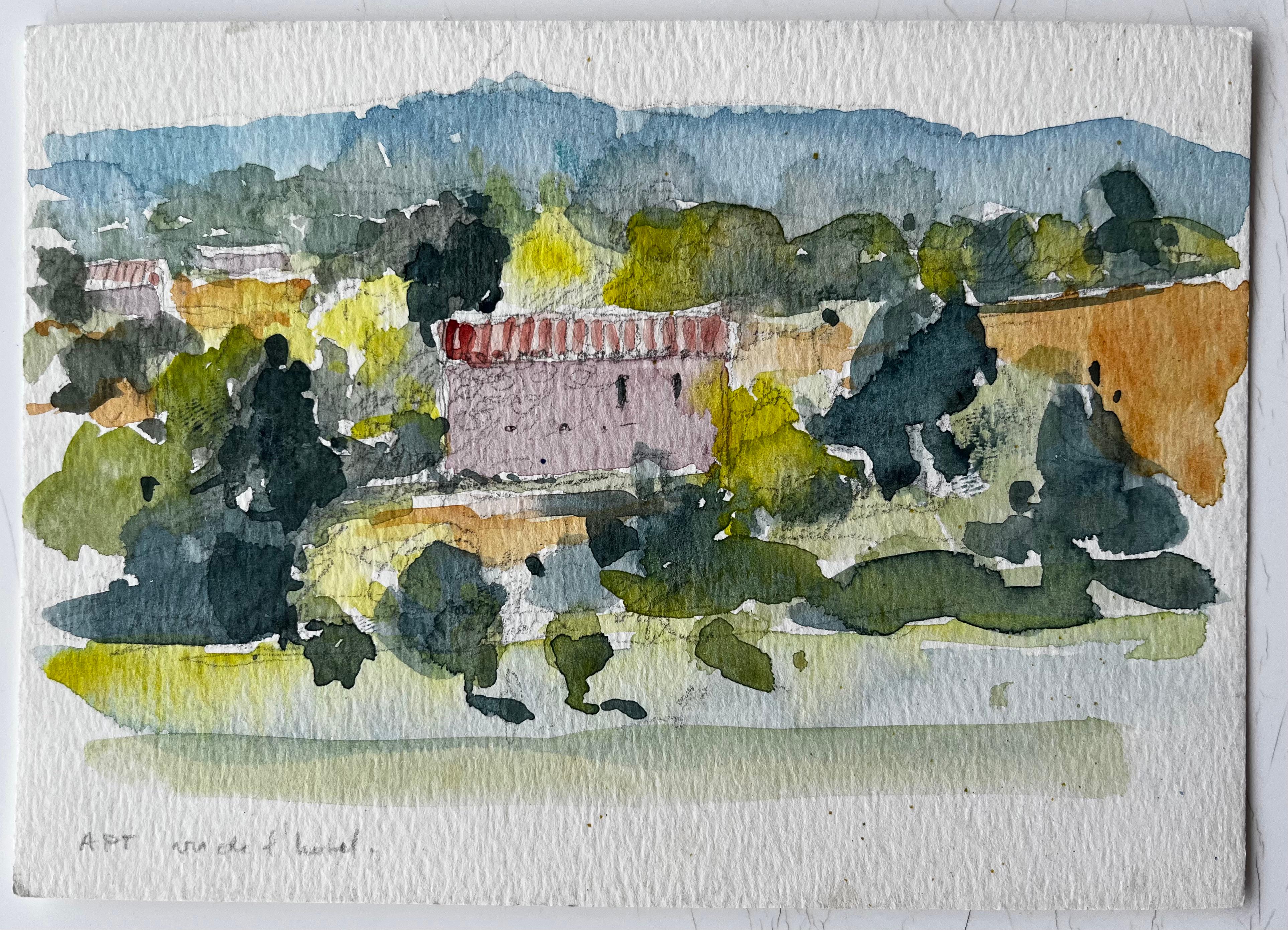 Apt Paesaggio di campagna in fattoria Acquerello francese Post Impressionista - Art di Pierre Neveu