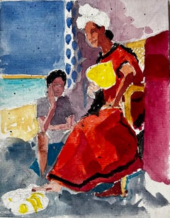 Interior Scene with Seated Figures Watercolour French Post Impressionist