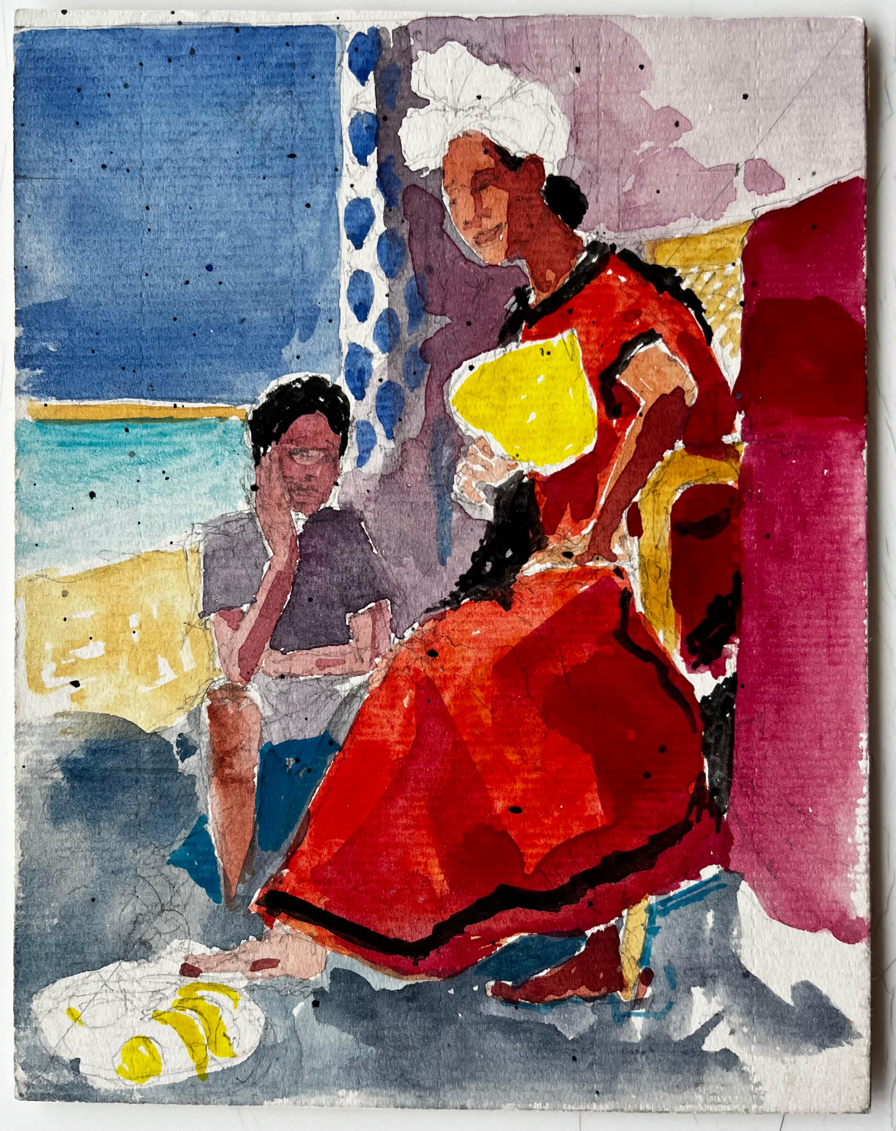 Scène d'intérieur avec personnages assis Aquarelle française post-impressionniste - Art de Pierre Neveu