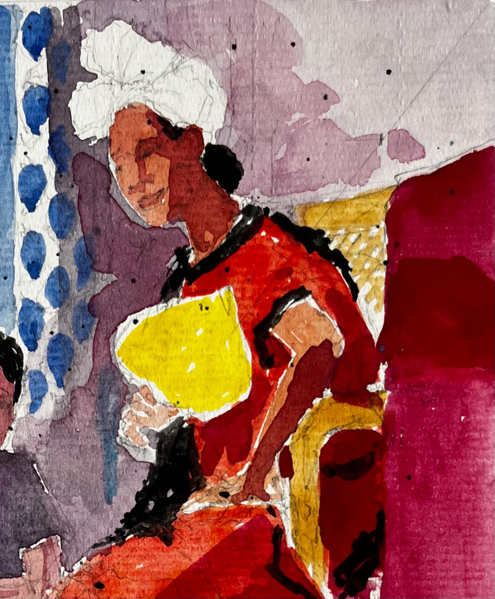 Scène d'intérieur avec personnages assis Aquarelle française post-impressionniste - Post-impressionnisme Art par Pierre Neveu