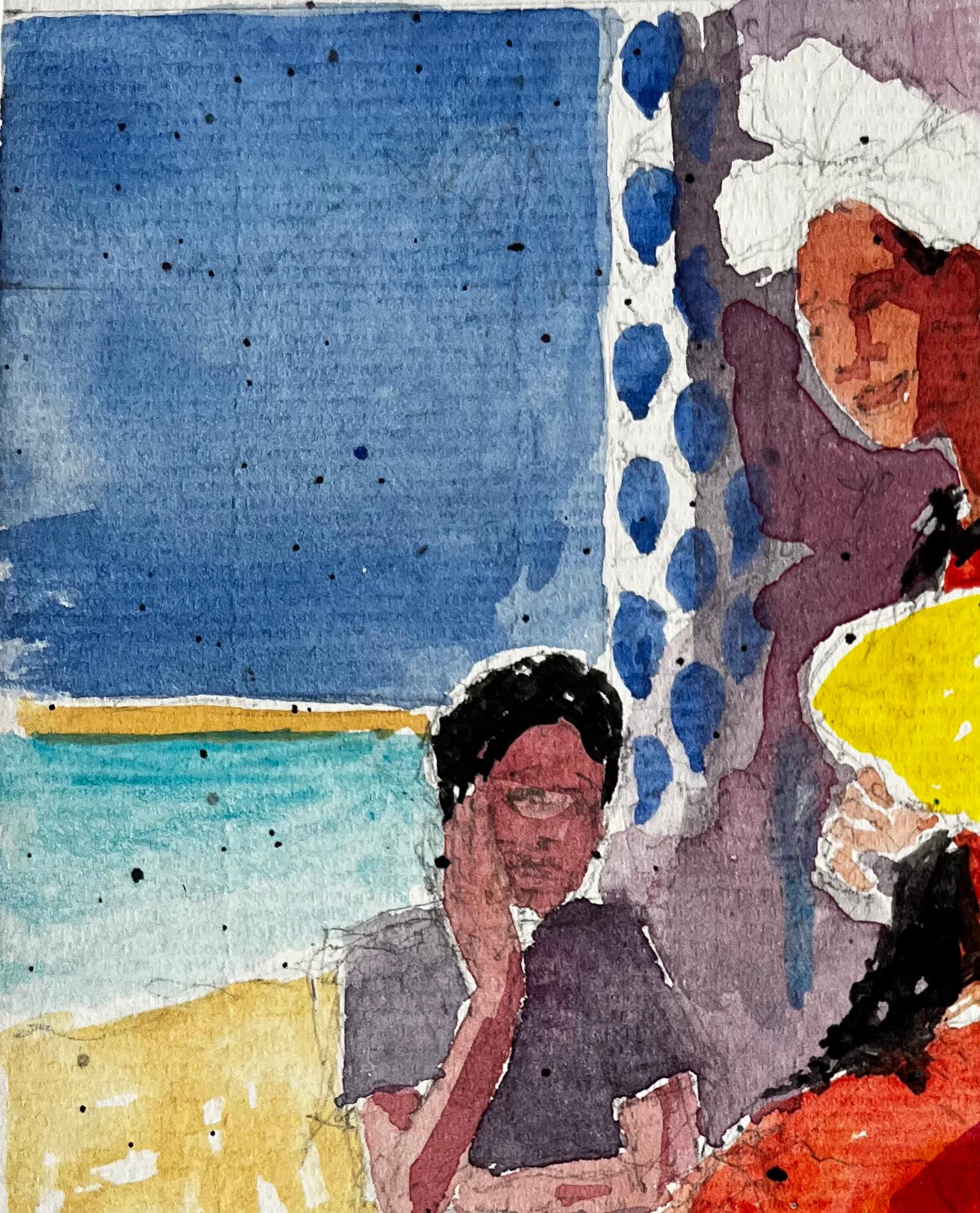 Scène d'intérieur avec personnages assis Aquarelle française post-impressionniste - Marron Landscape Art par Pierre Neveu