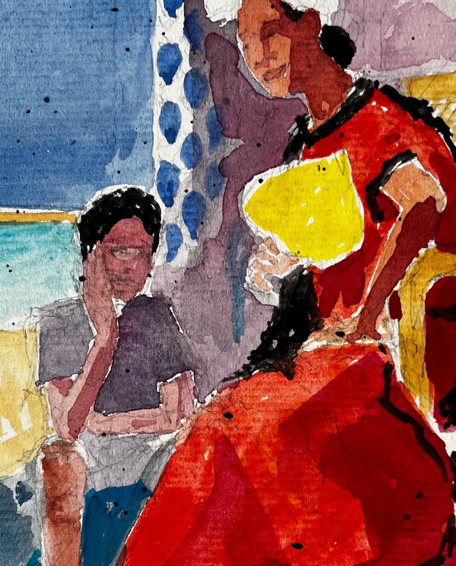 Scène d'intérieur avec personnages assis Aquarelle française post-impressionniste en vente 2