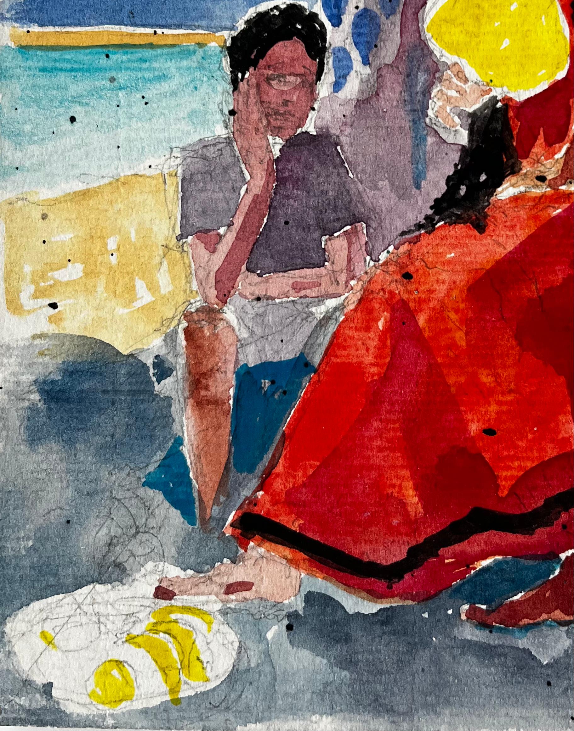 Scène d'intérieur avec personnages assis Aquarelle française post-impressionniste en vente 1