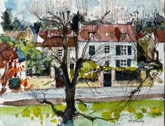 Henley Village Houses with Tree Watercolour French Post Impressionist
