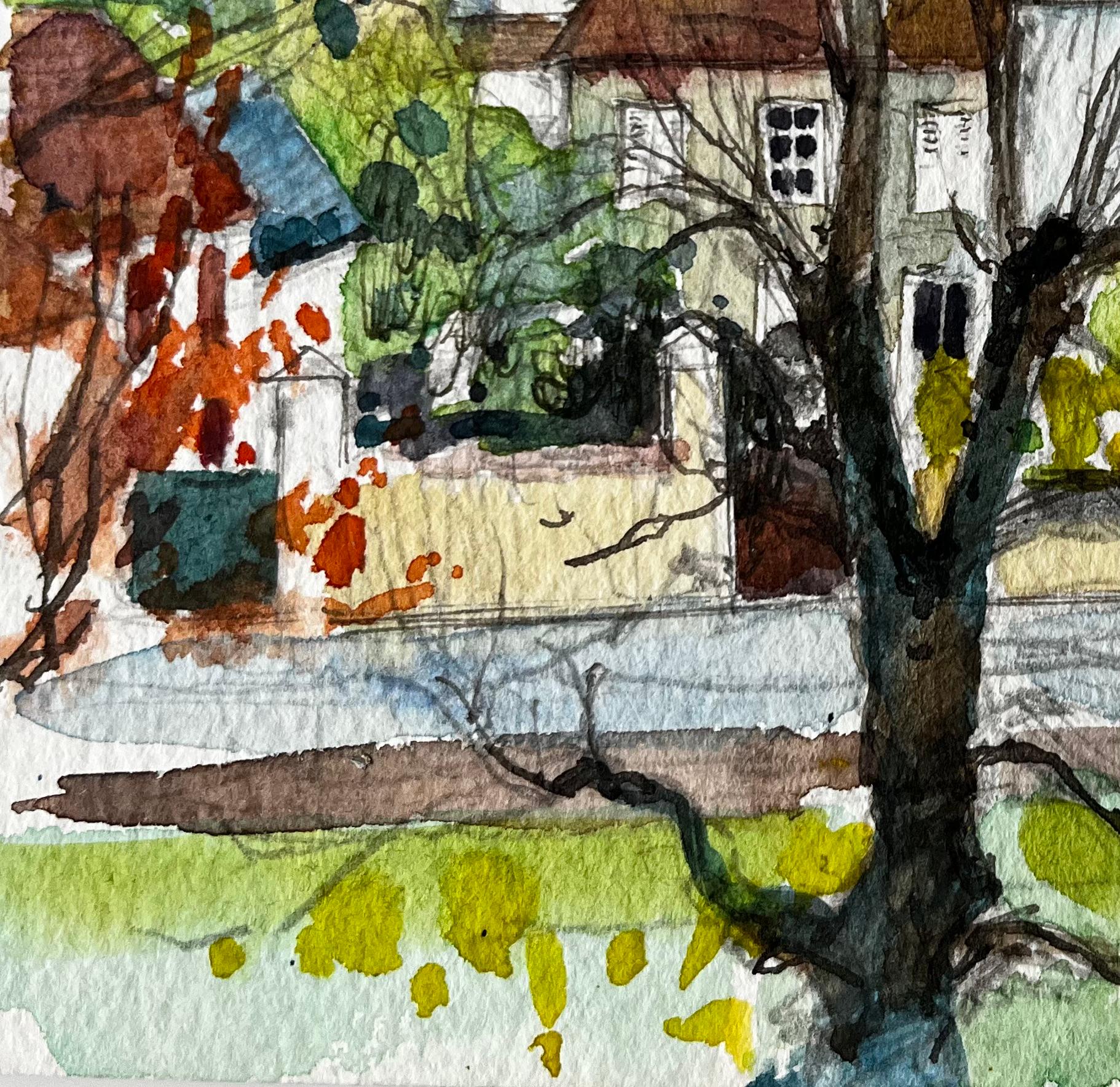 Henley Village Houses with Tree Aquarelle française post-impressionniste en vente 1