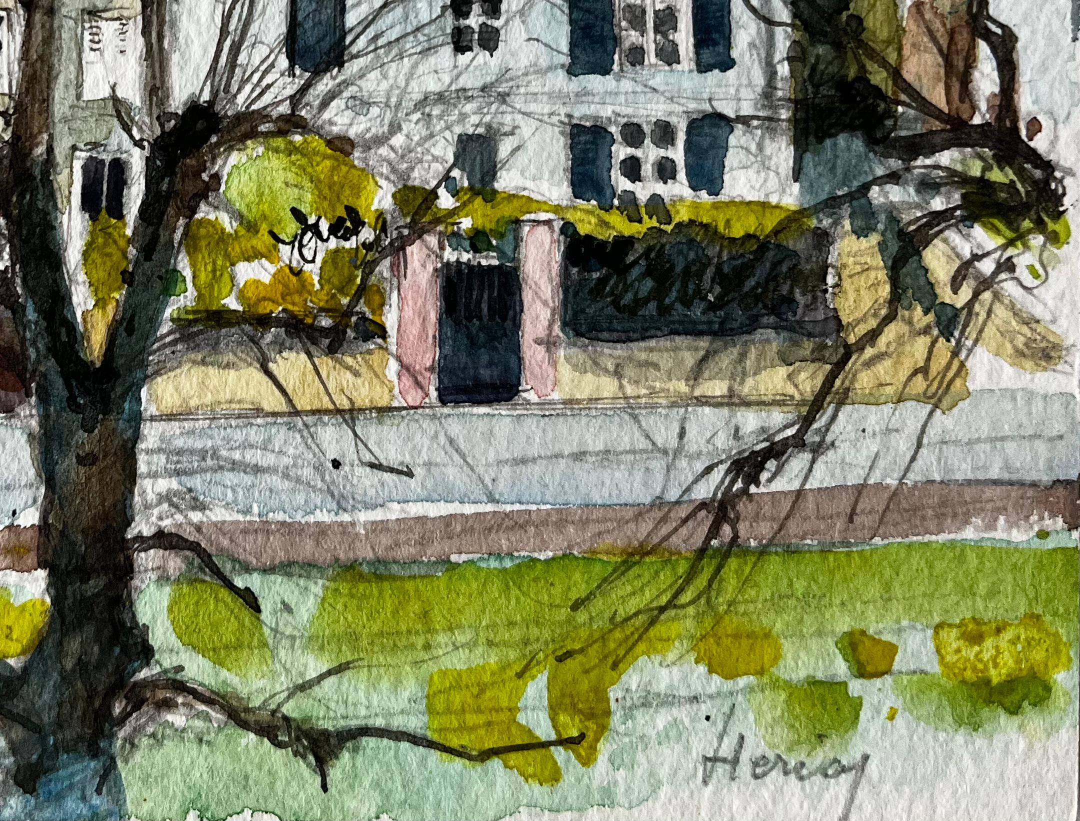 Henley Village Houses with Tree Aquarelle française post-impressionniste - Marron Landscape Art par Pierre Neveu