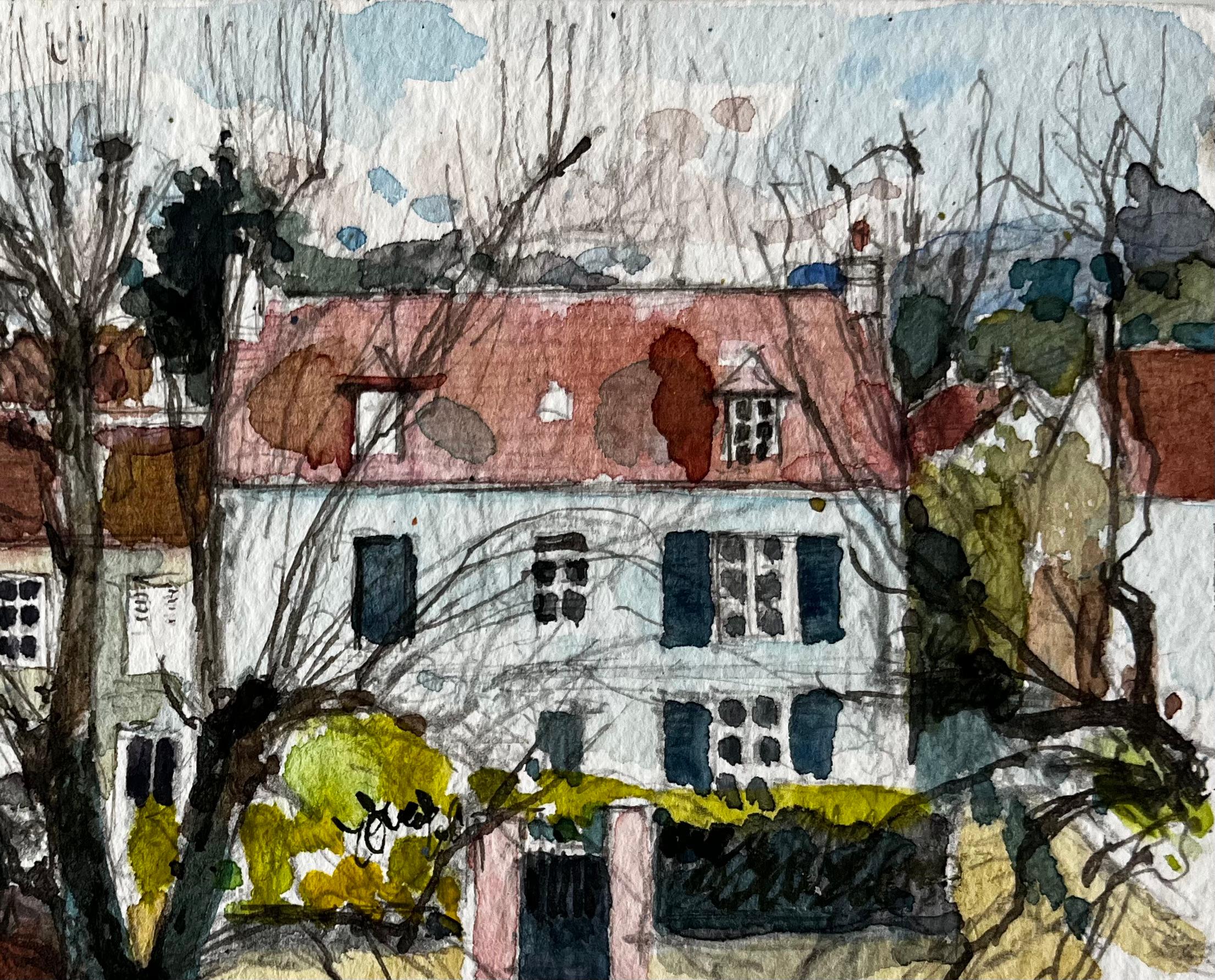 Henley Village Houses with Tree Aquarelle française post-impressionniste - Post-impressionnisme Art par Pierre Neveu