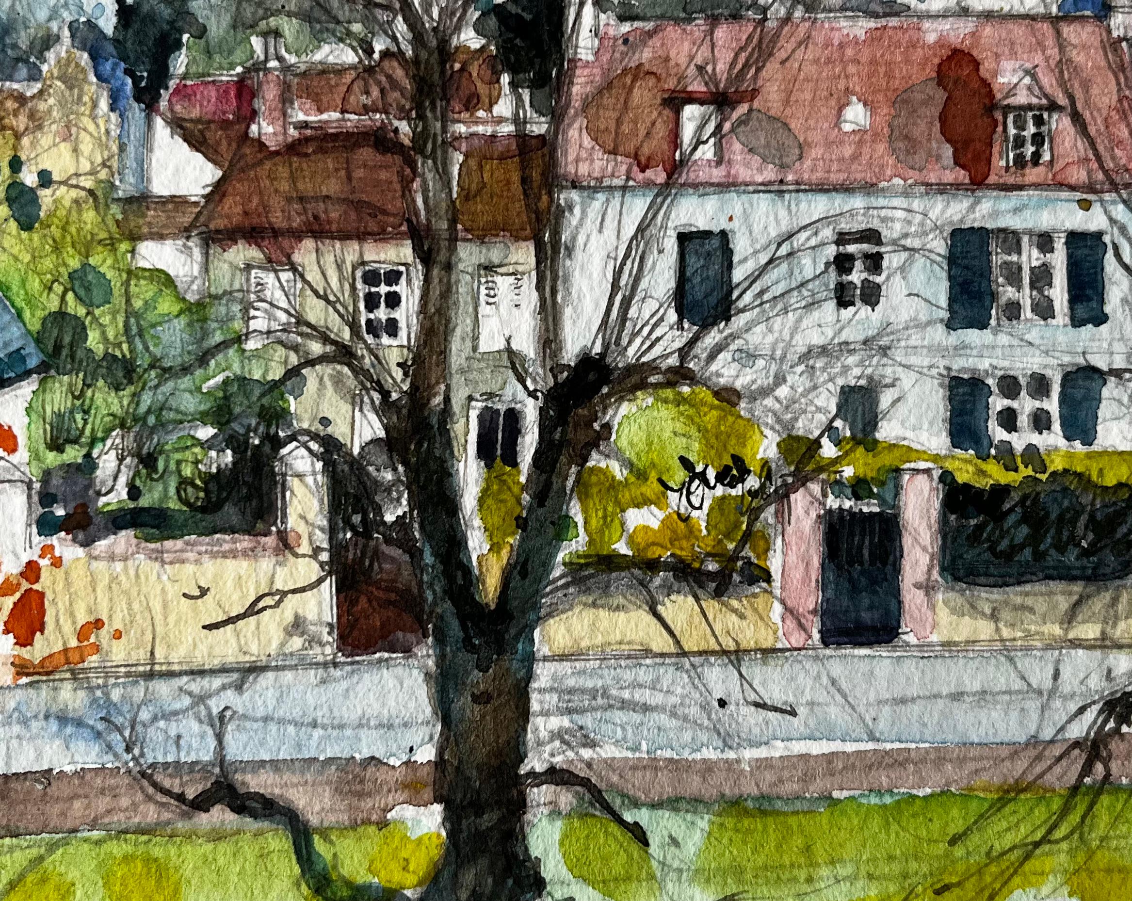 Henley Village Houses with Tree Aquarelle française post-impressionniste en vente 2