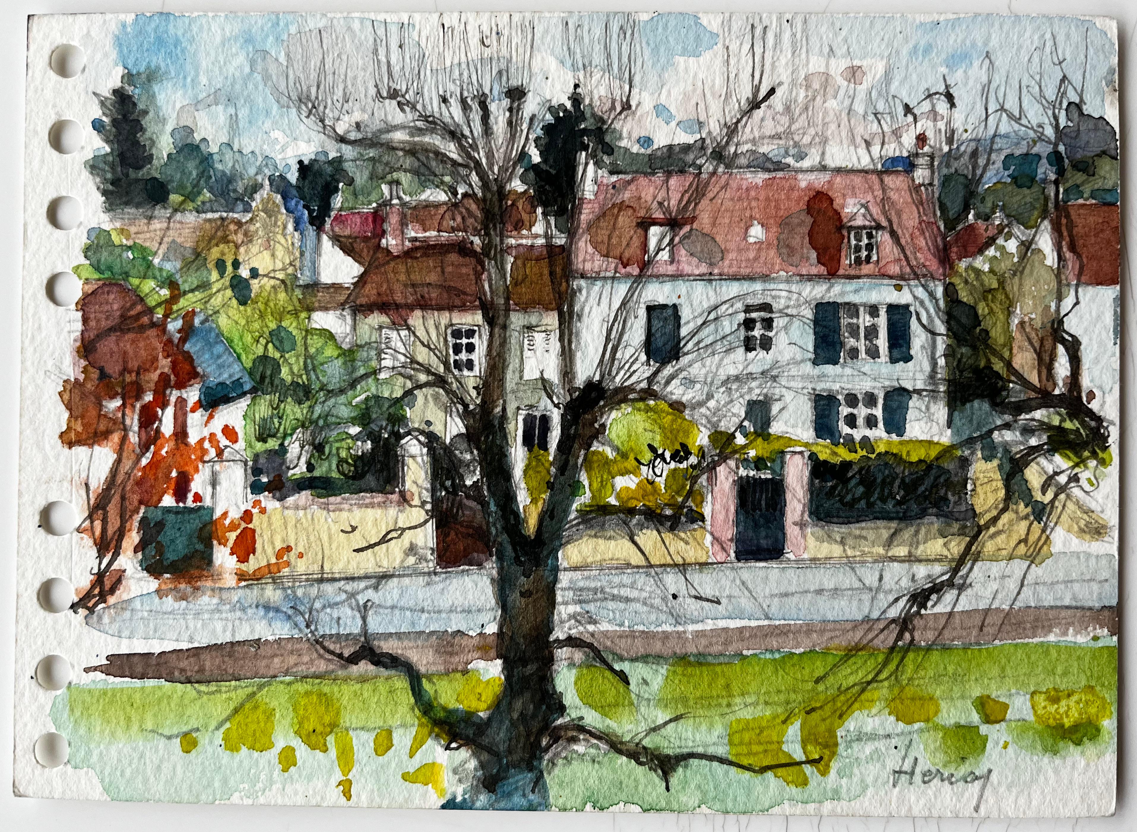Henley Village Houses with Tree Aquarelle française post-impressionniste - Art de Pierre Neveu
