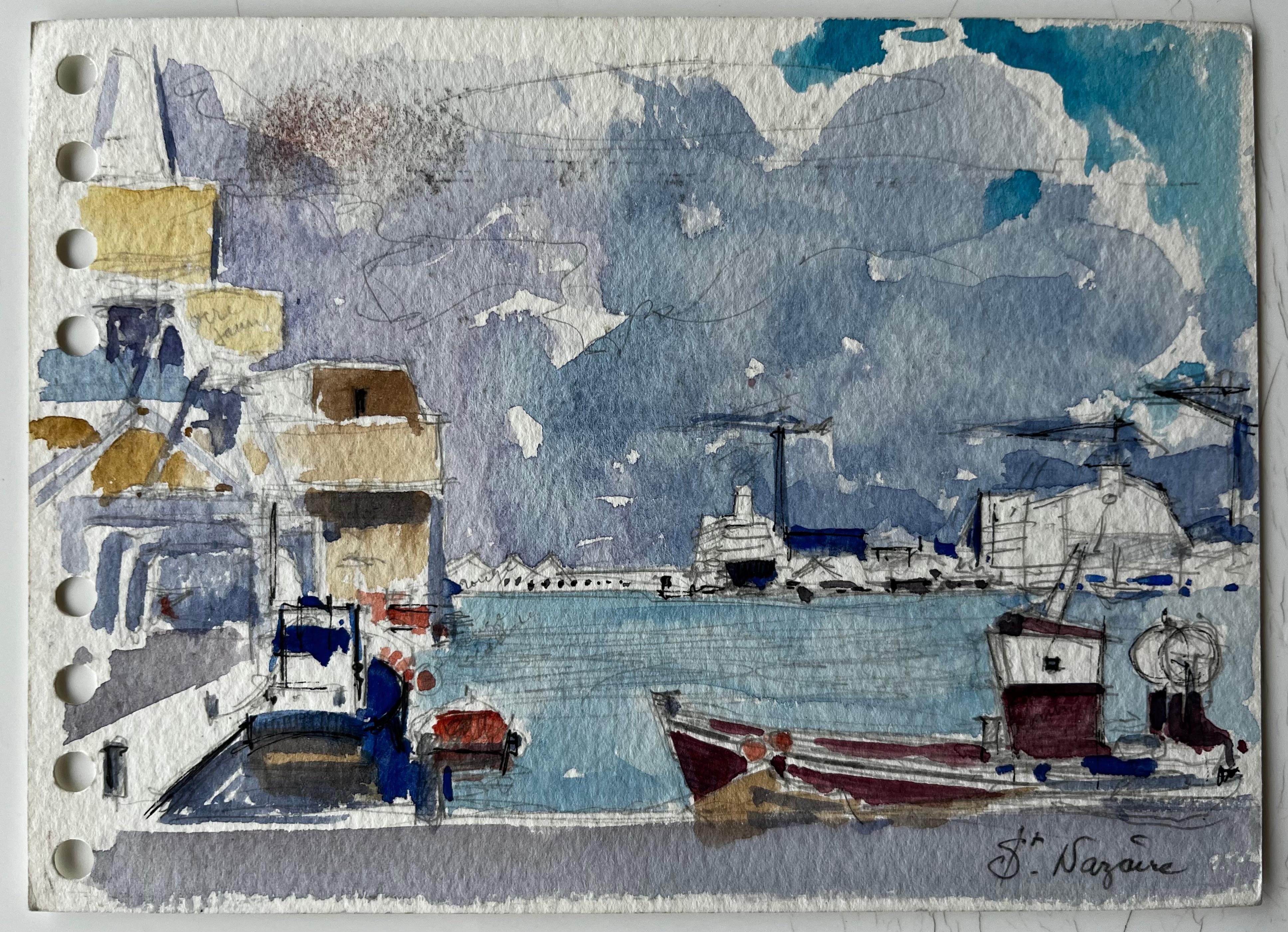 Saint Nazaire French Harbour Boats and Shipyard Study Modern French - Painting by Pierre Neveu