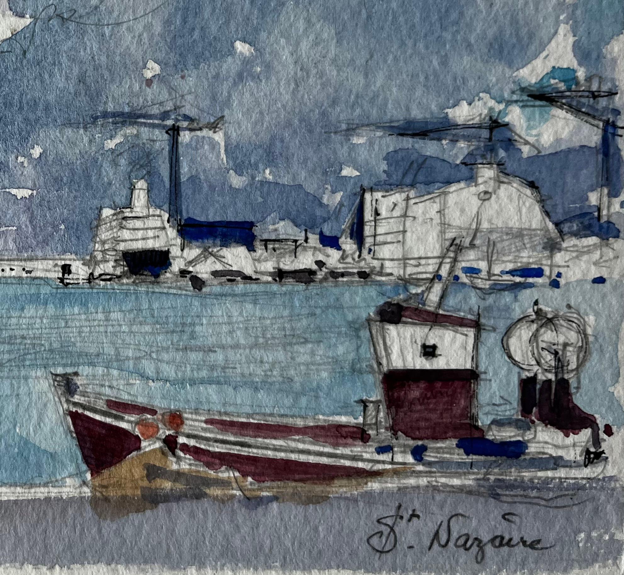 Saint Nazaire French Harbour Boats and Shipyard Study Modern French - Gray Figurative Painting by Pierre Neveu