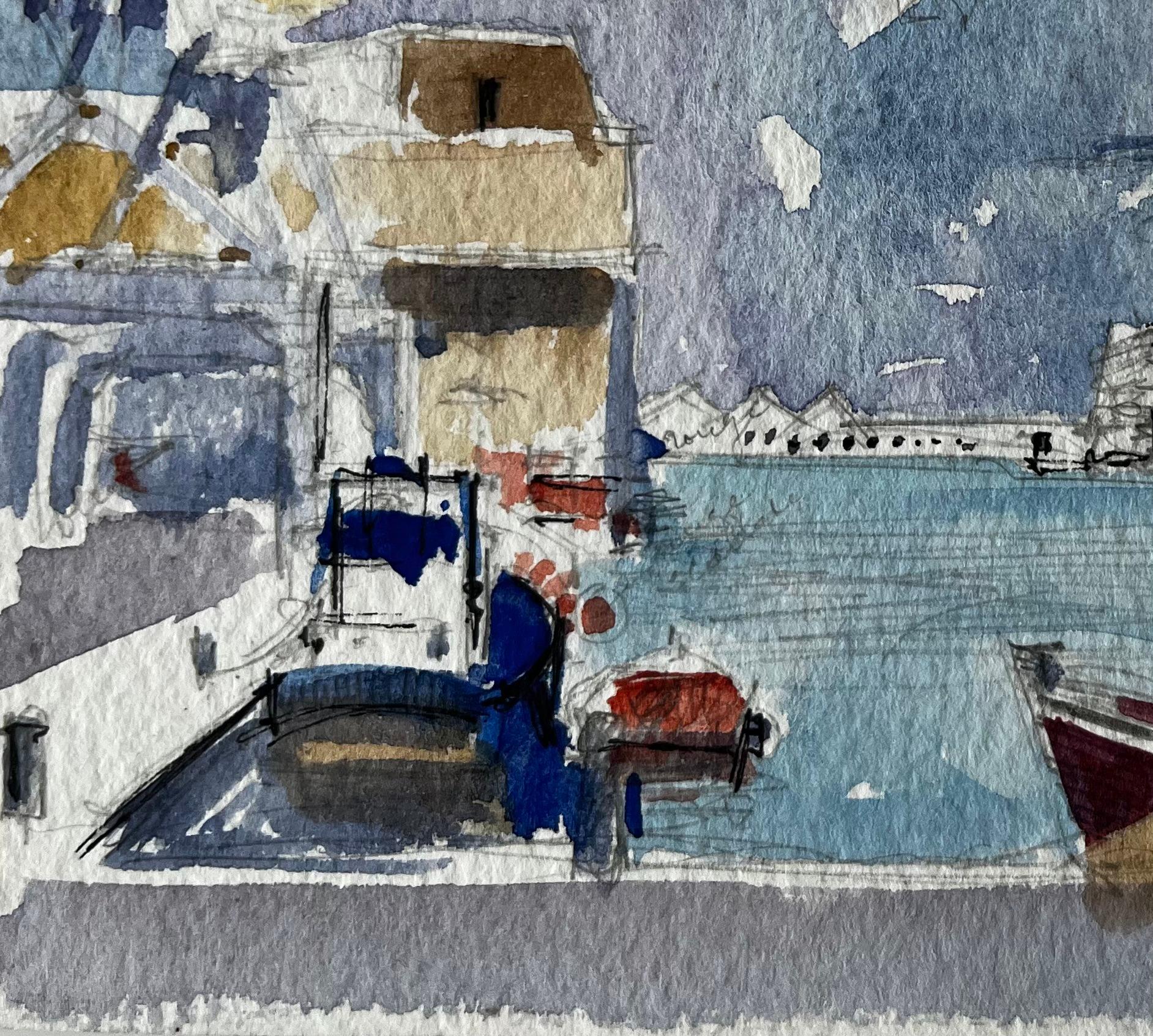 Title: Saint Nazaire French Harbour Boats and Shipyard Study Modern French
Artist: Pierre Neveu (French b.1929)
Medium: Watercolour on artists paper, unframed
Size (H x W): 5.25 x 7 inches
Signed: Titled lower right “St Nazaire”; no signature