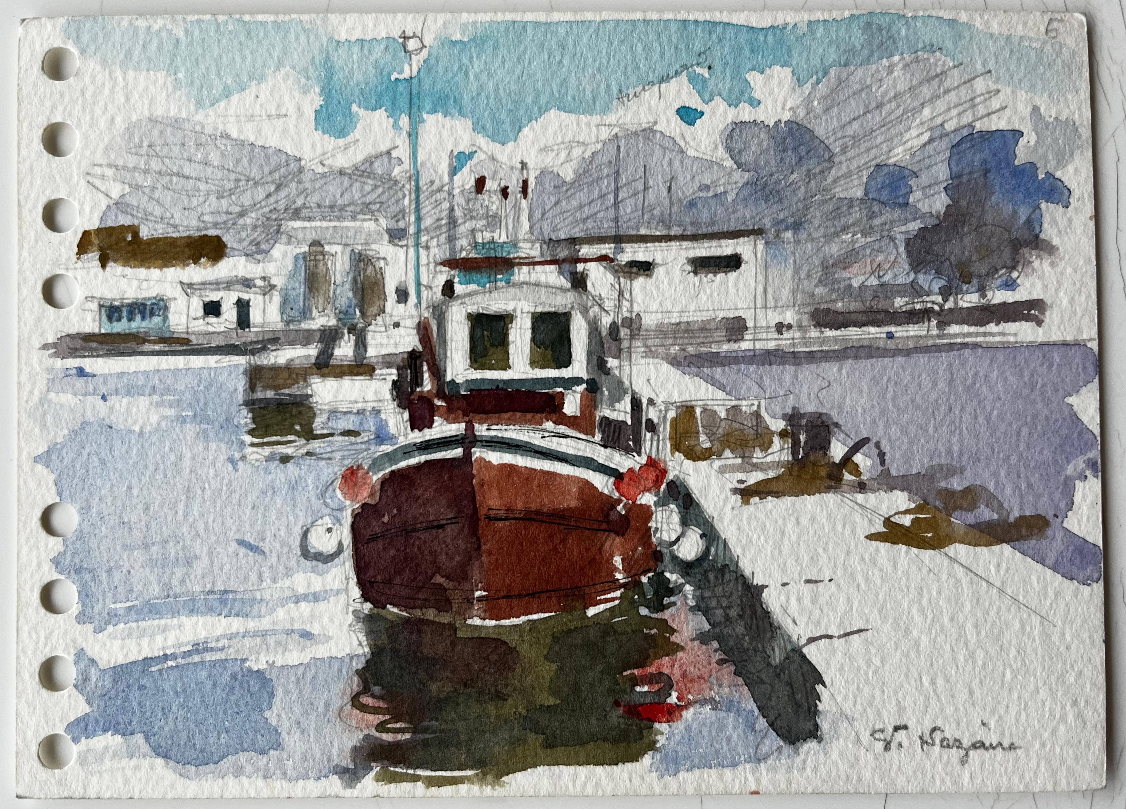 Saint Nazaire Bateau de pêche français au port Étude côtière moderne - Painting de Pierre Neveu