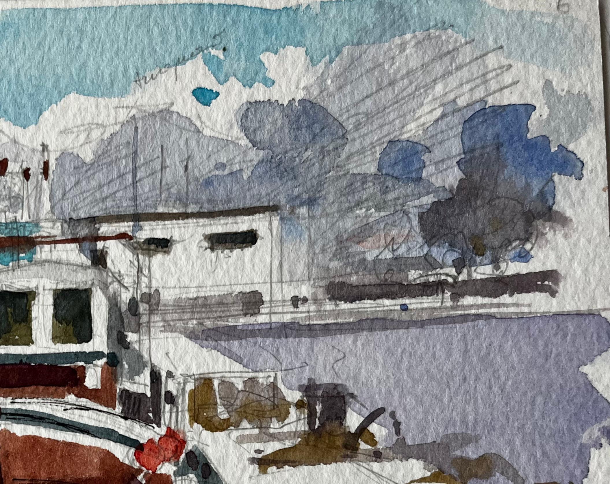 Saint Nazaire Bateau de pêche français au port Étude côtière moderne - Post-impressionnisme Painting par Pierre Neveu