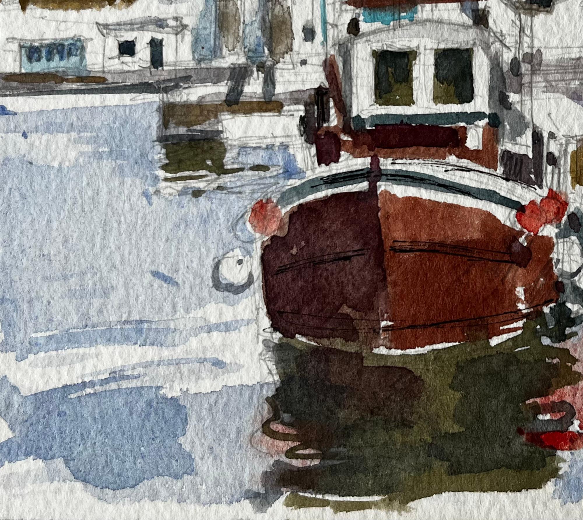 Titre : Saint Nazaire Bateau de pêche français au port Étude côtière moderne
Artistics : Pierre Neveu (français né en 1929)
Moyen d'expression : Aquarelle sur papier d'artiste, non encadrée
Taille (H x L) : 5.25 x 7 pouces
Signé : Titré en bas à