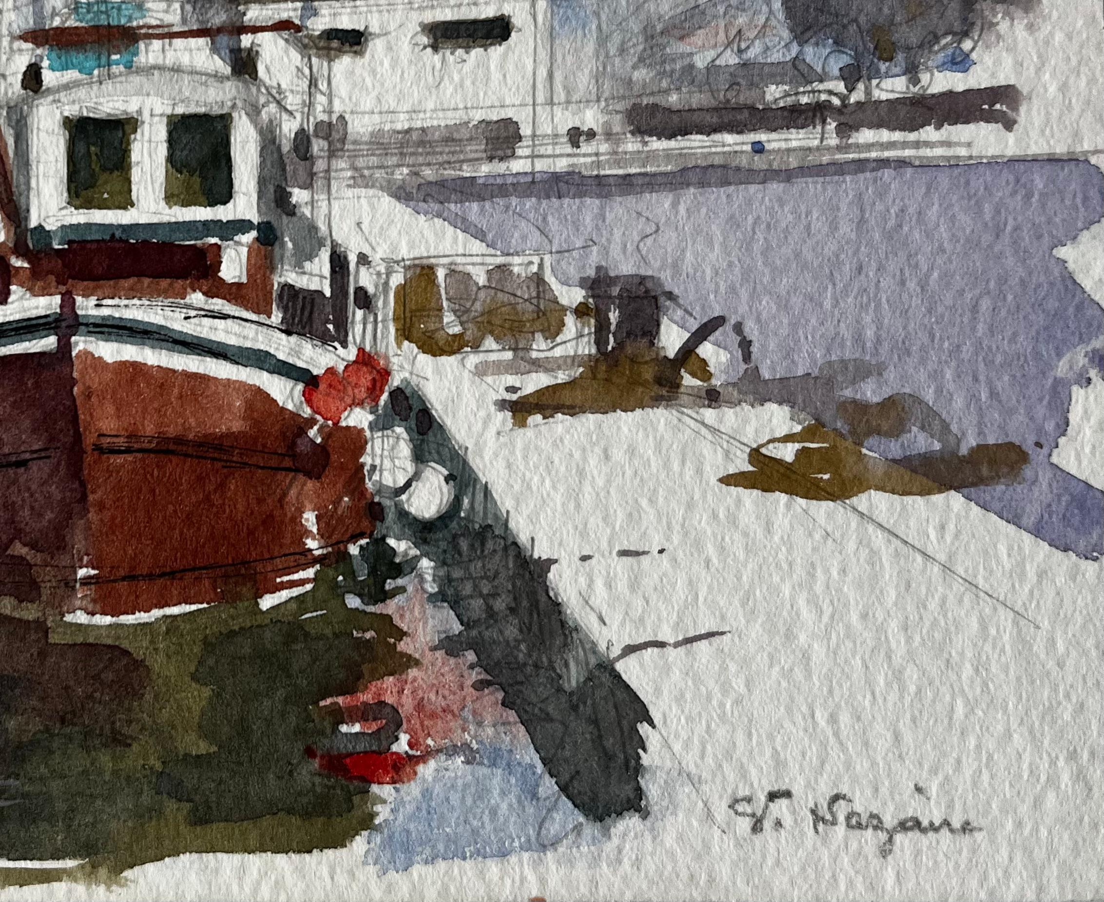 Saint Nazaire Bateau de pêche français au port Étude côtière moderne - Gris Figurative Painting par Pierre Neveu