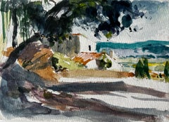 Mediterranean Landscape with Whitewashed Houses and Sea View French Modern Study