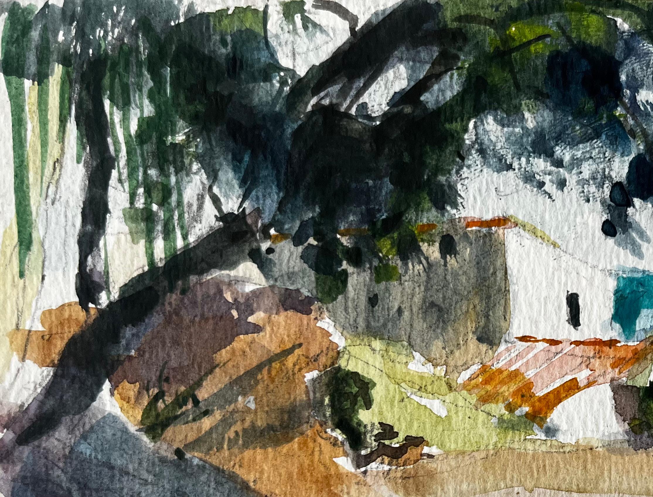 Mediterrane Landschaft mit weiß getünchten Häusern und Meerblick Modernes französisches Arbeitszimmer (Post-Impressionismus), Painting, von Pierre Neveu