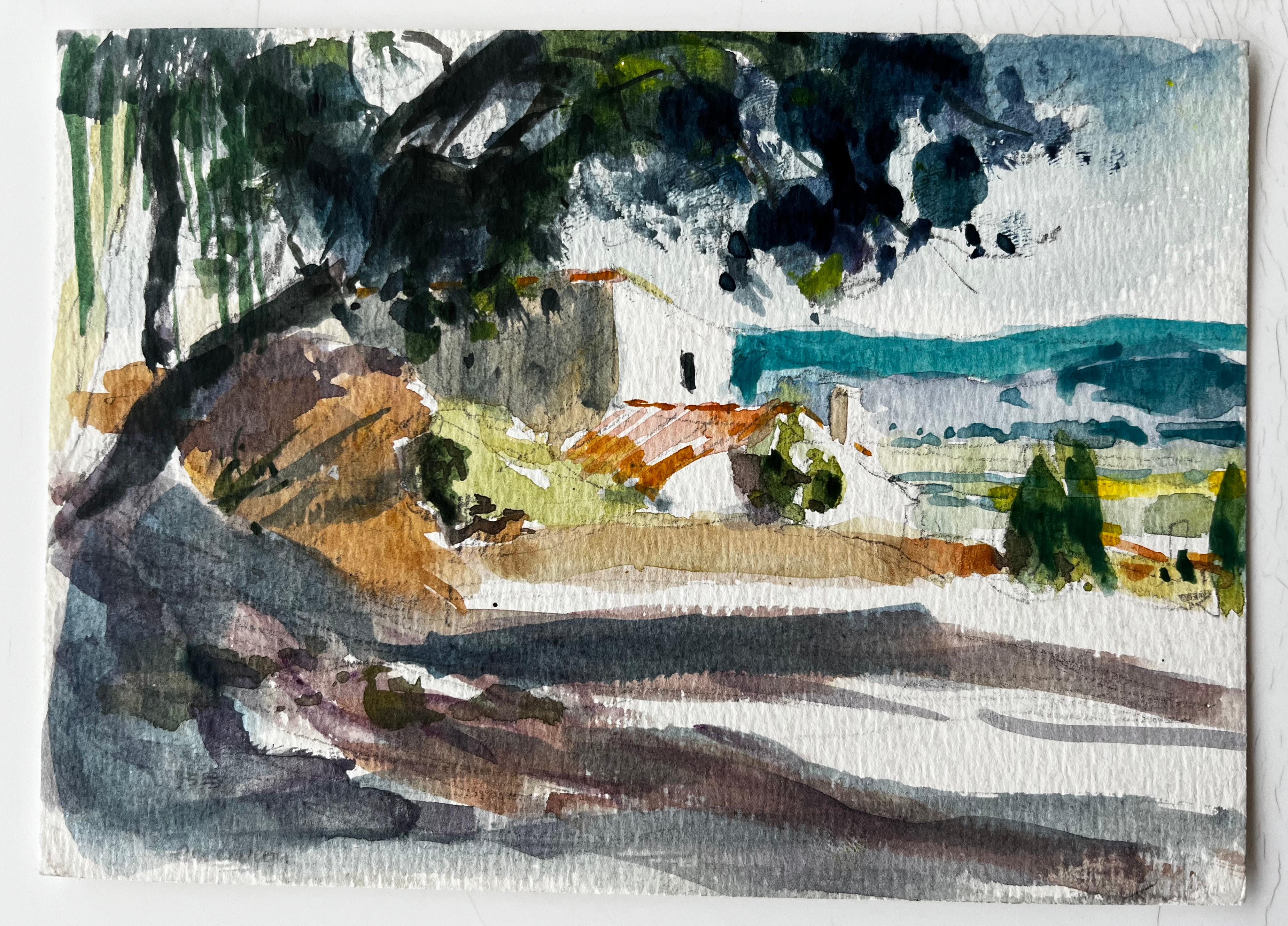 Mediterrane Landschaft mit weiß getünchten Häusern und Meerblick Modernes französisches Arbeitszimmer – Painting von Pierre Neveu